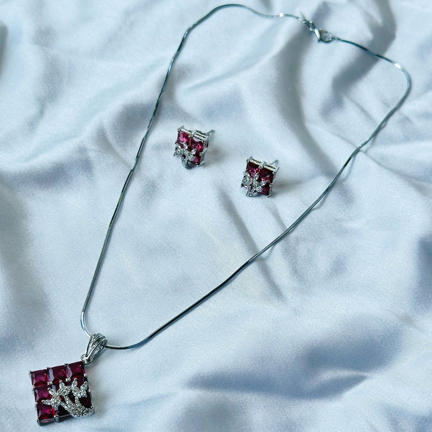 Red Ruby Cubic Zircon American Diamond Silver Plated Pendant Set