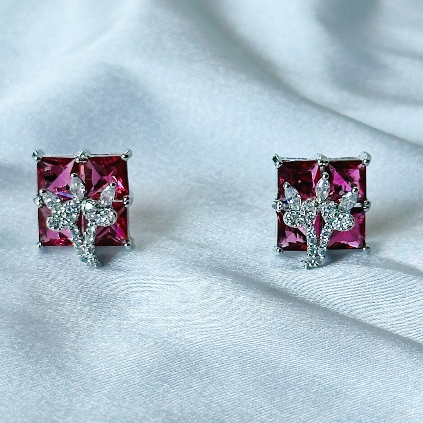 Red Ruby Cubic Zircon American Diamond Silver Plated Pendant Set