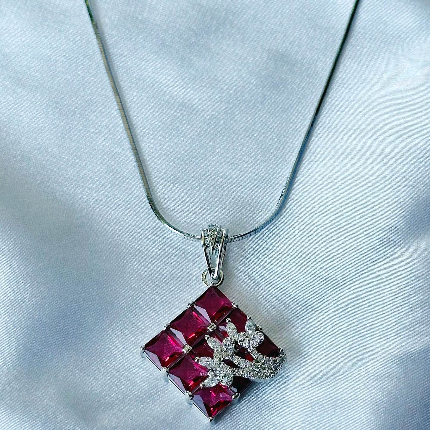 Red Ruby Cubic Zircon American Diamond Silver Plated Pendant Set