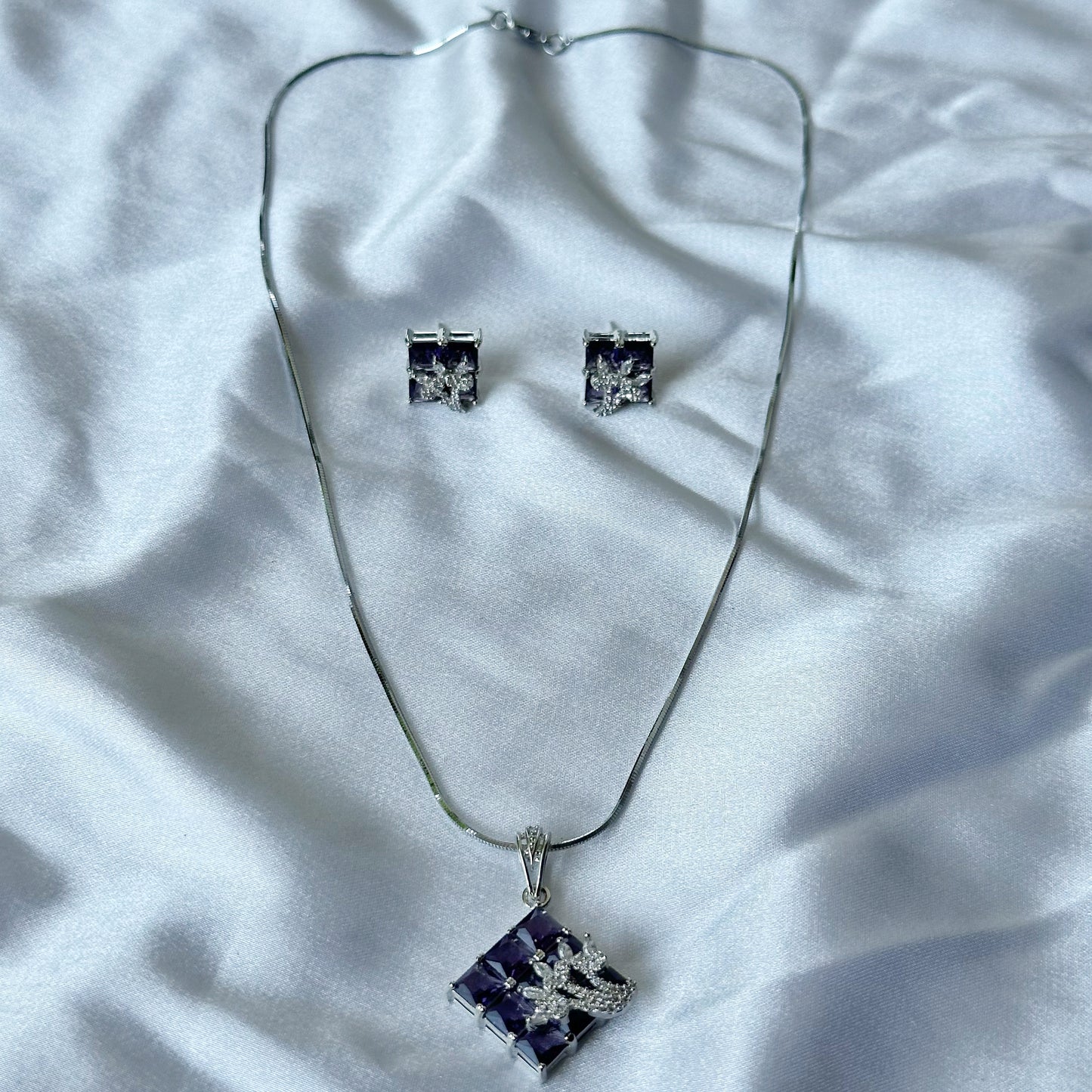 Deep Purple Amethyst Cubic Zircon American Diamond Silver Plated Pendant Set