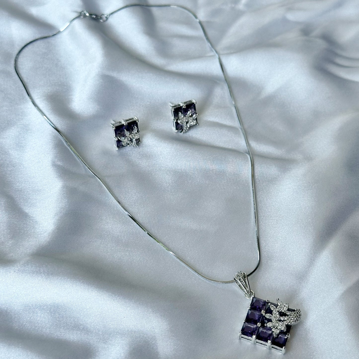 Deep Purple Amethyst Cubic Zircon American Diamond Silver Plated Pendant Set