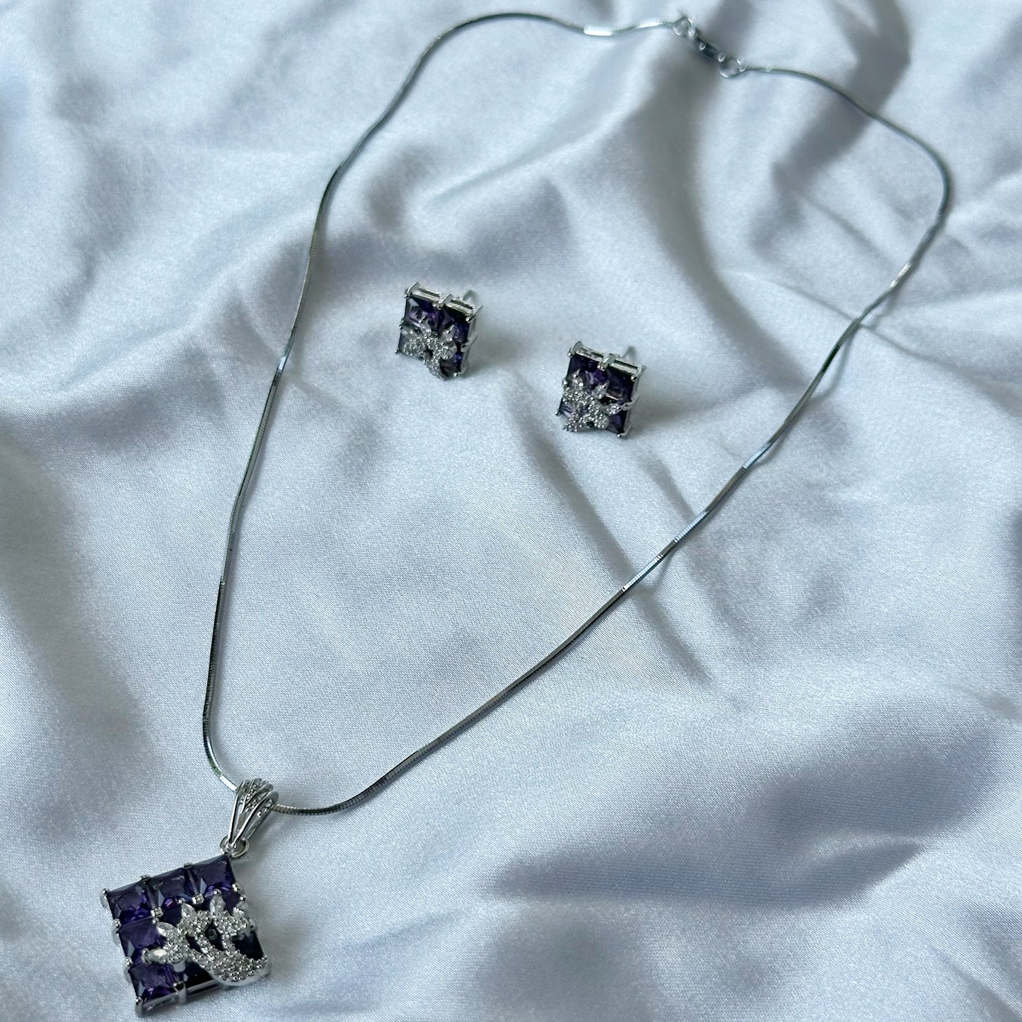 Deep Purple Amethyst Cubic Zircon American Diamond Silver Plated Pendant Set