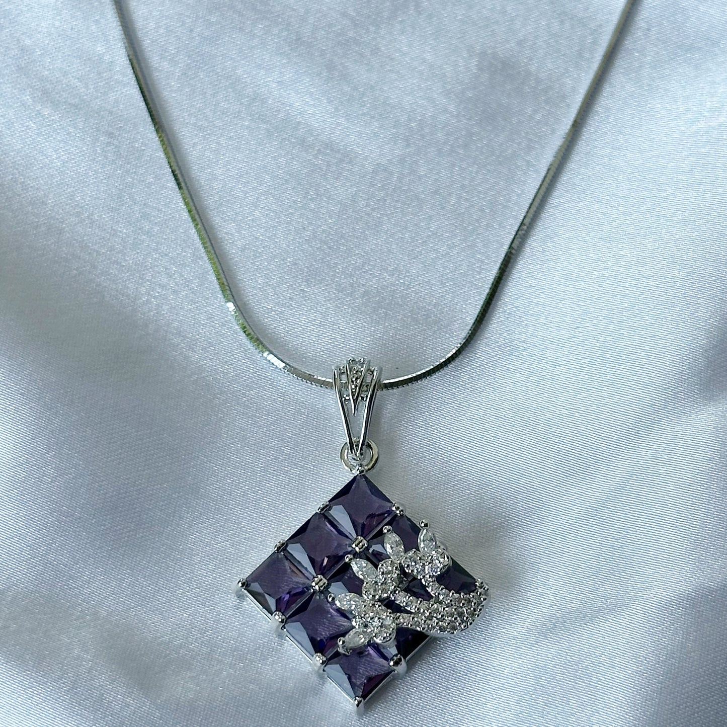 Deep Purple Amethyst Cubic Zircon American Diamond Silver Plated Pendant Set