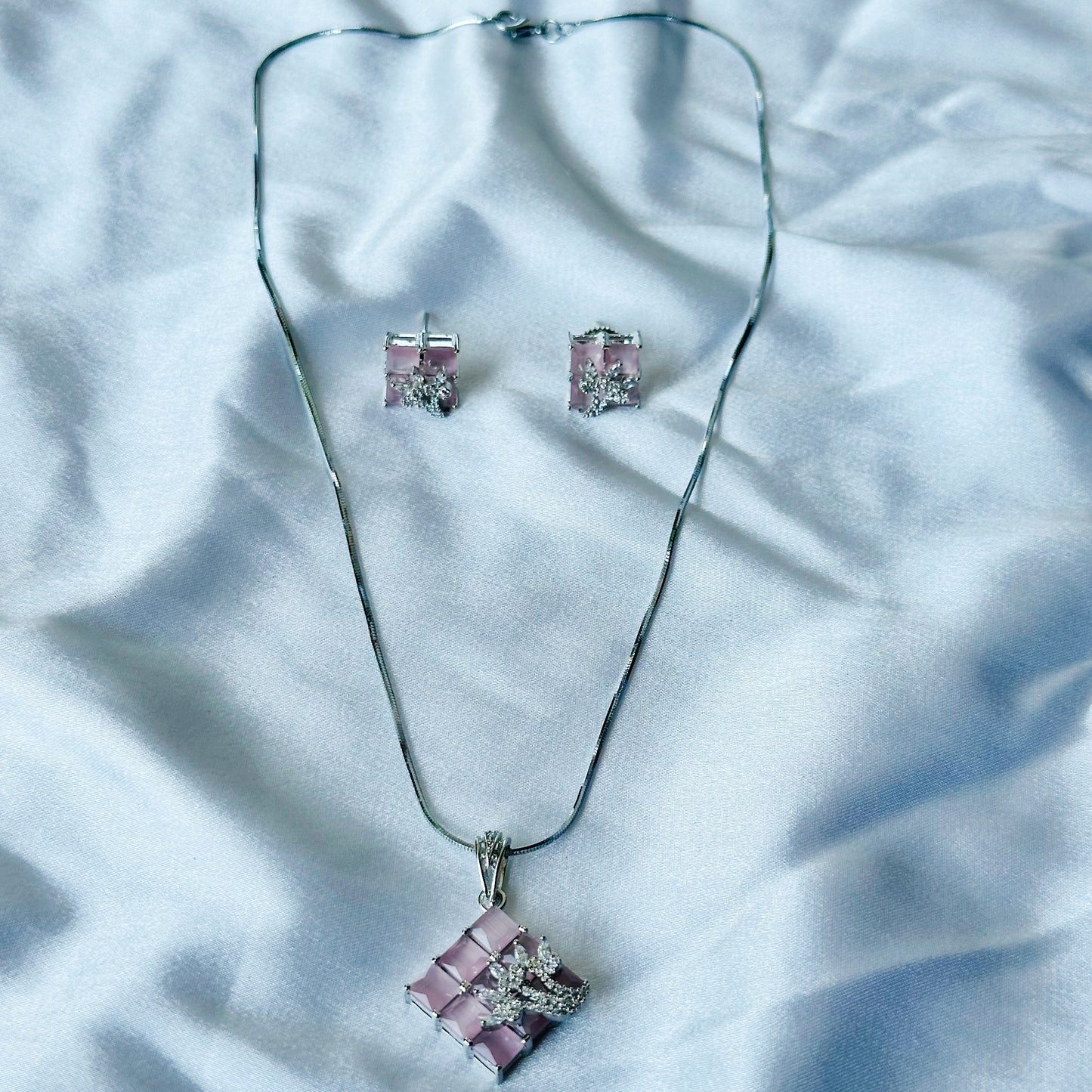 Pink Topaz Cubic Zircon American Diamond Silver Plated Pendant Set