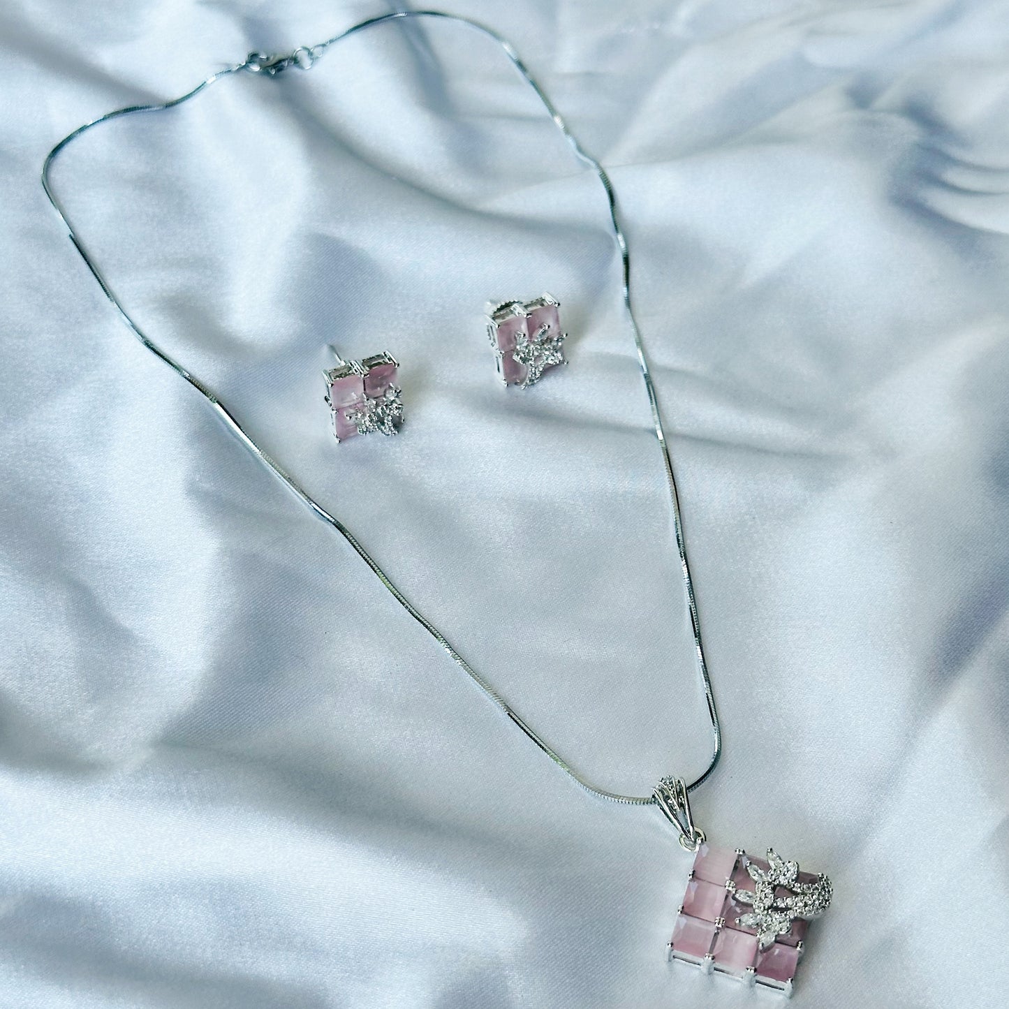 Pink Topaz Cubic Zircon American Diamond Silver Plated Pendant Set