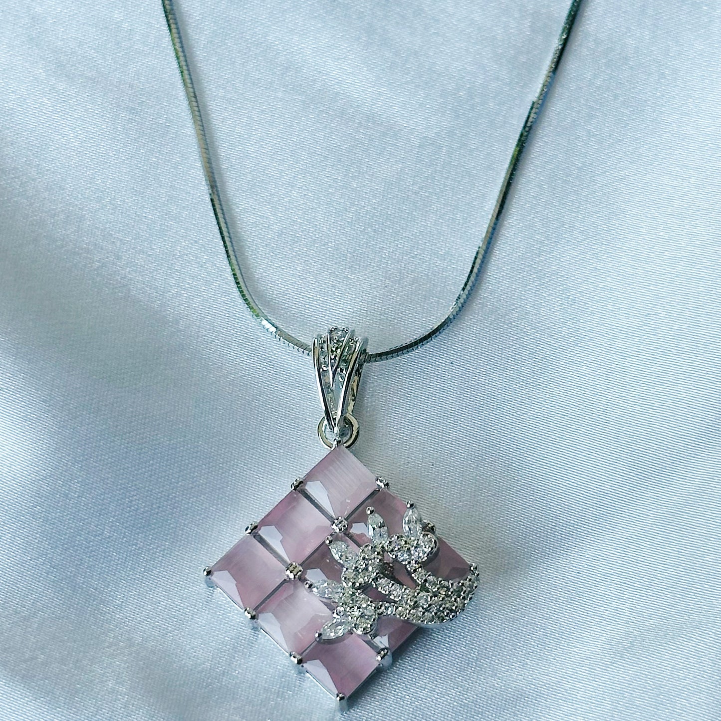 Pink Topaz Cubic Zircon American Diamond Silver Plated Pendant Set