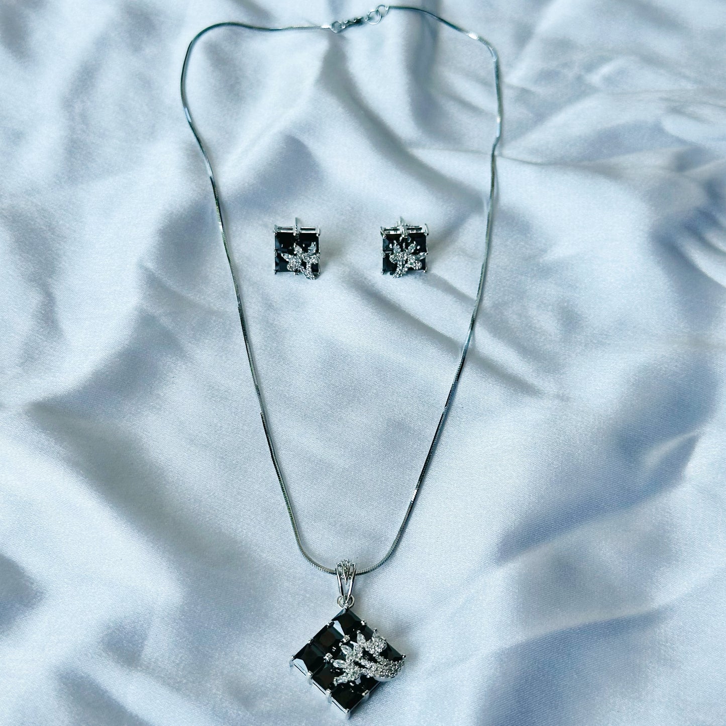 Black Zircon American Diamond Silver Plated Pendant Set