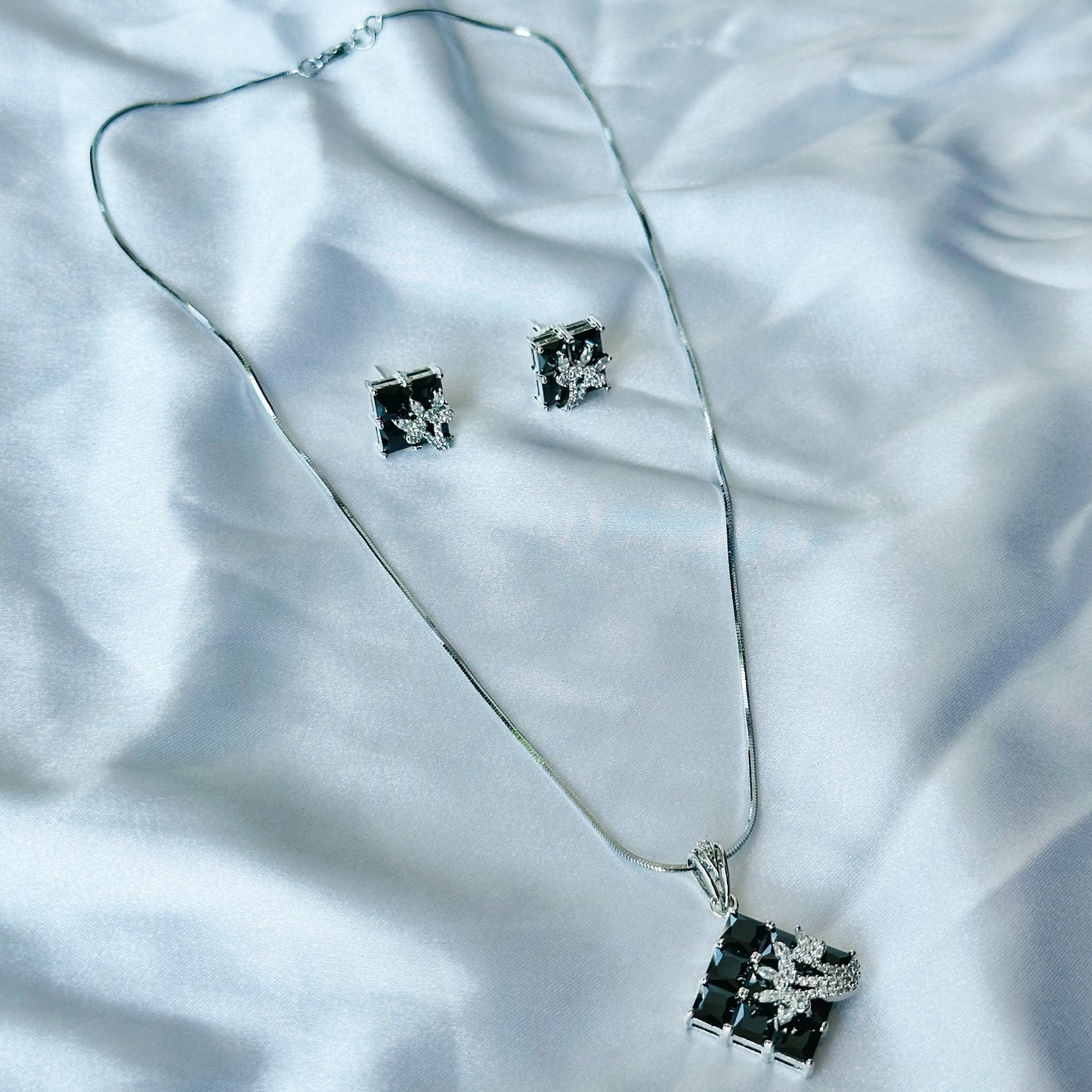 Black Zircon American Diamond Silver Plated Pendant Set