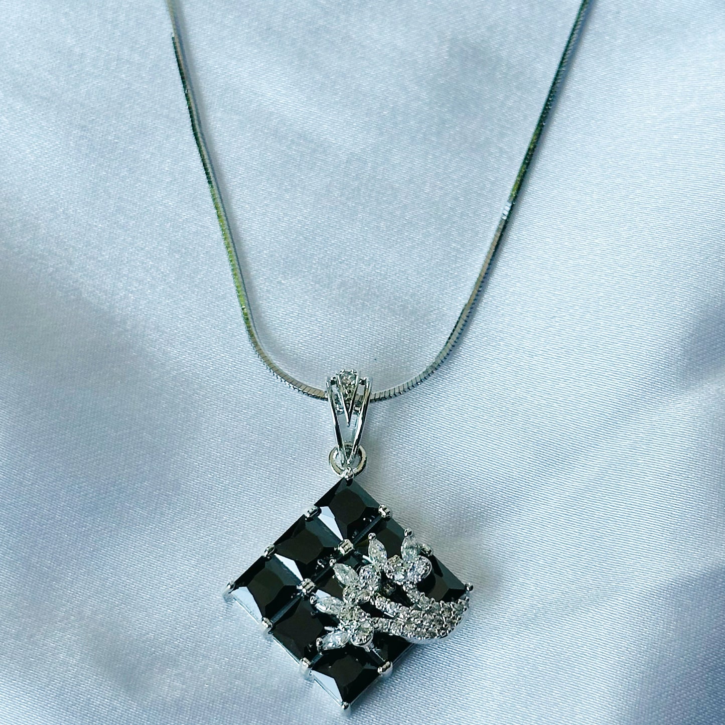 Black Zircon American Diamond Silver Plated Pendant Set