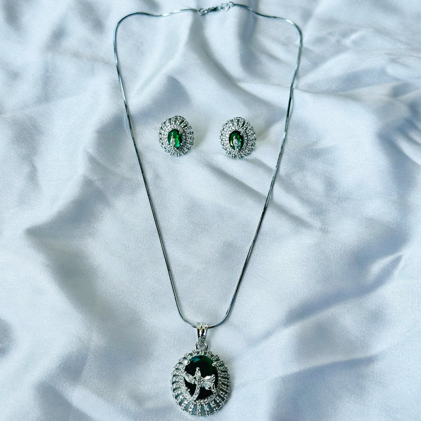 Green Emerald Cubic Zircon American Diamond Silver Plated Pendant Set