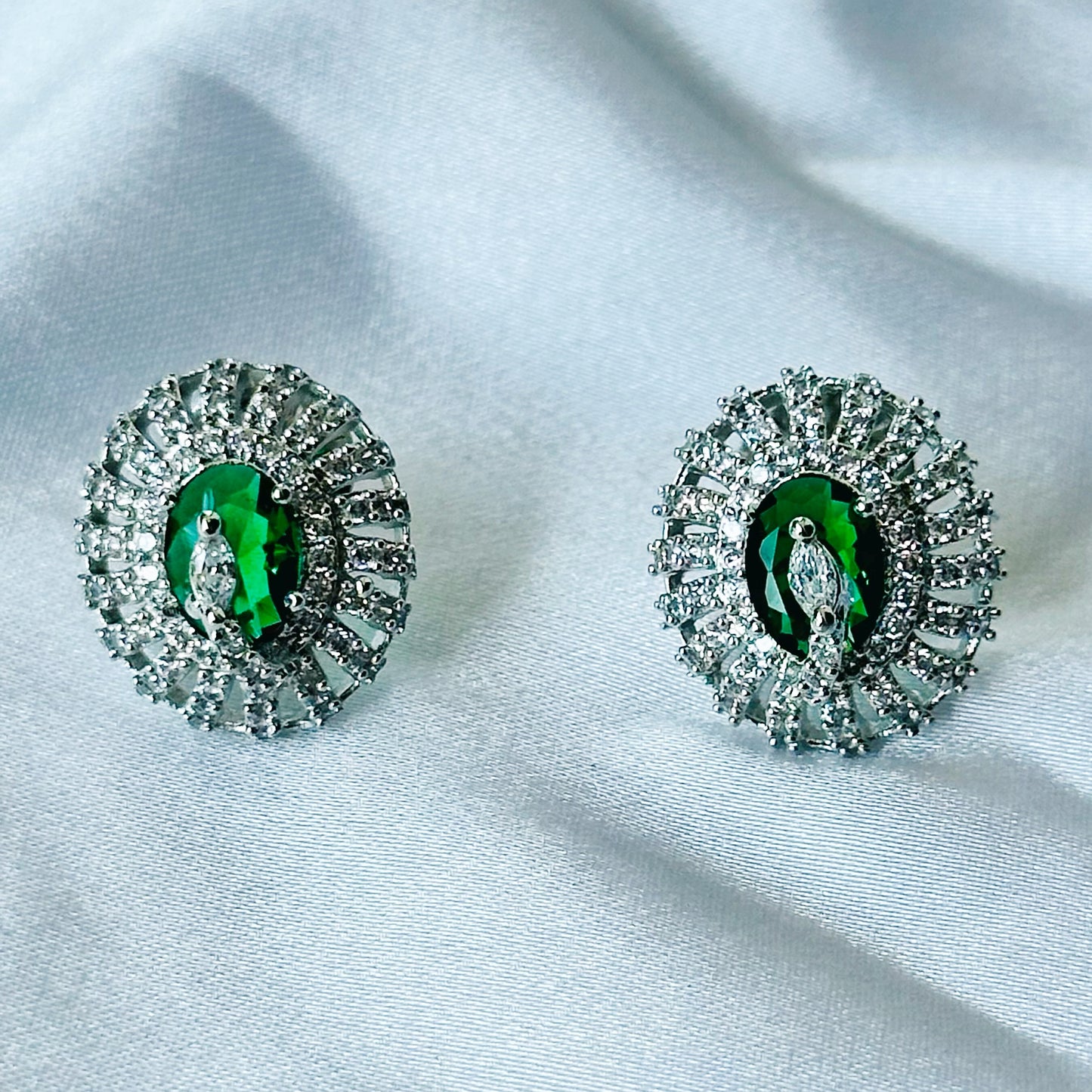 Green Emerald Cubic Zircon American Diamond Silver Plated Pendant Set