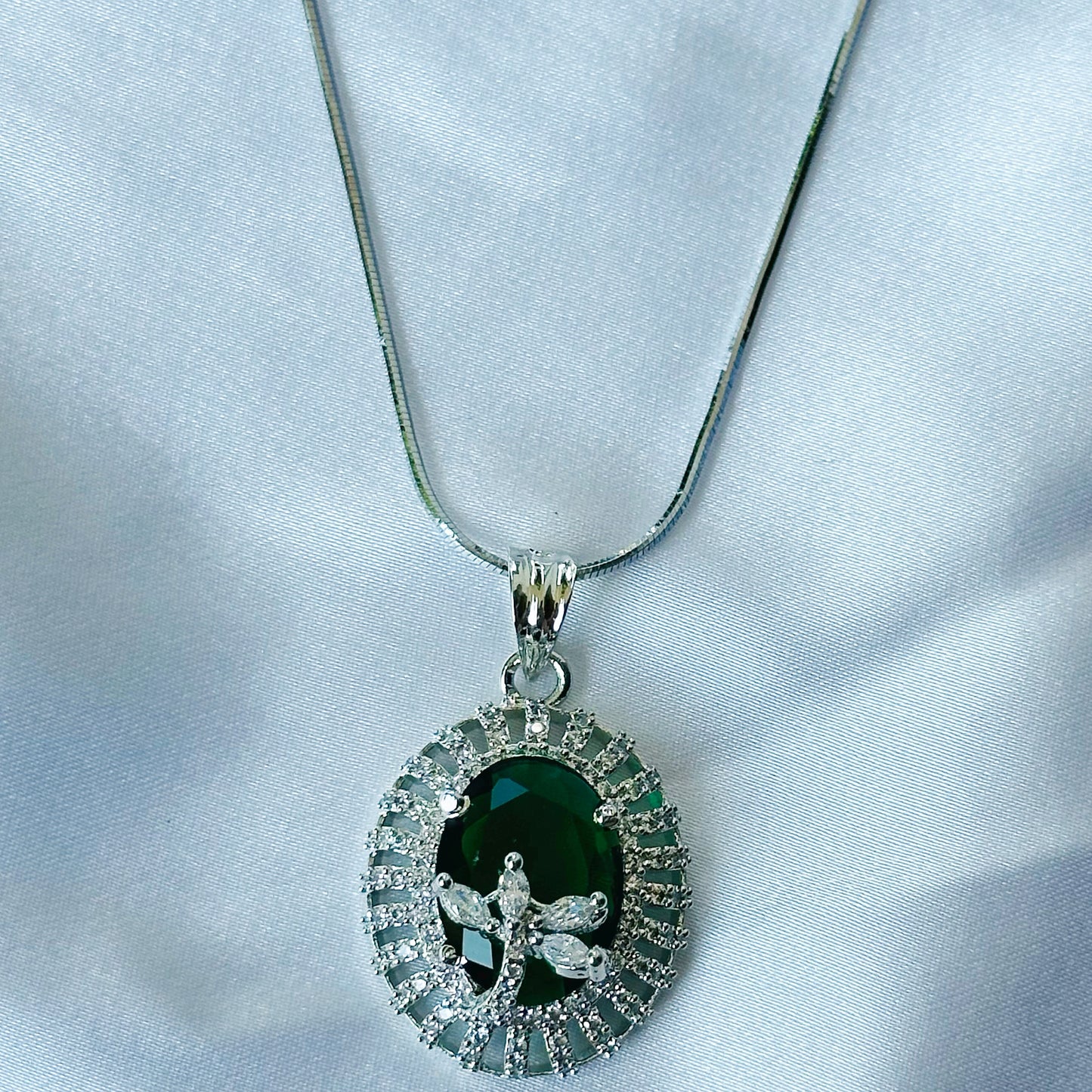 Green Emerald Cubic Zircon American Diamond Silver Plated Pendant Set