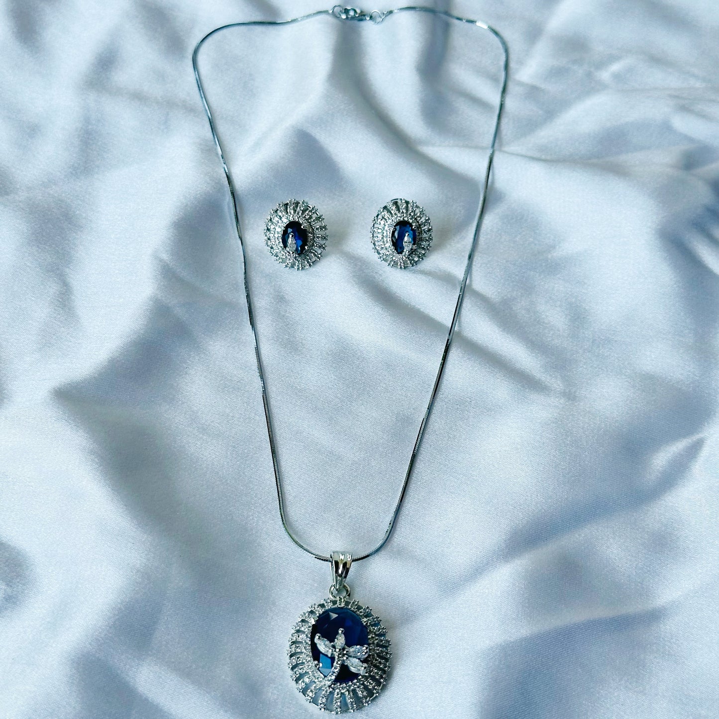 Blue Sapphire Cubic Zircon American Diamond Silver Plated Pendant Set