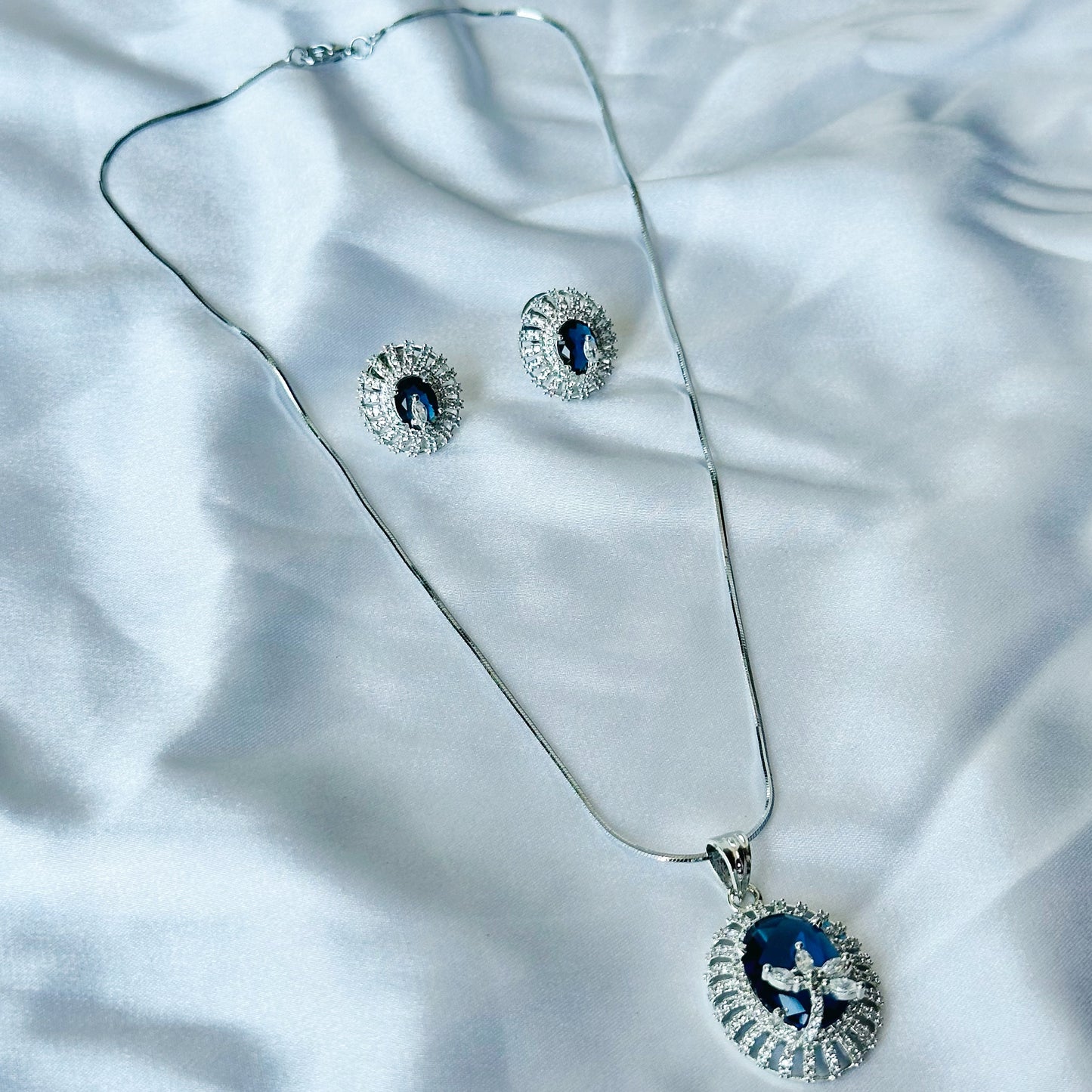 Blue Sapphire Cubic Zircon American Diamond Silver Plated Pendant Set