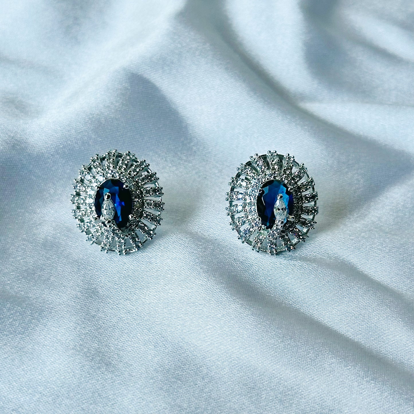 Blue Sapphire Cubic Zircon American Diamond Silver Plated Pendant Set