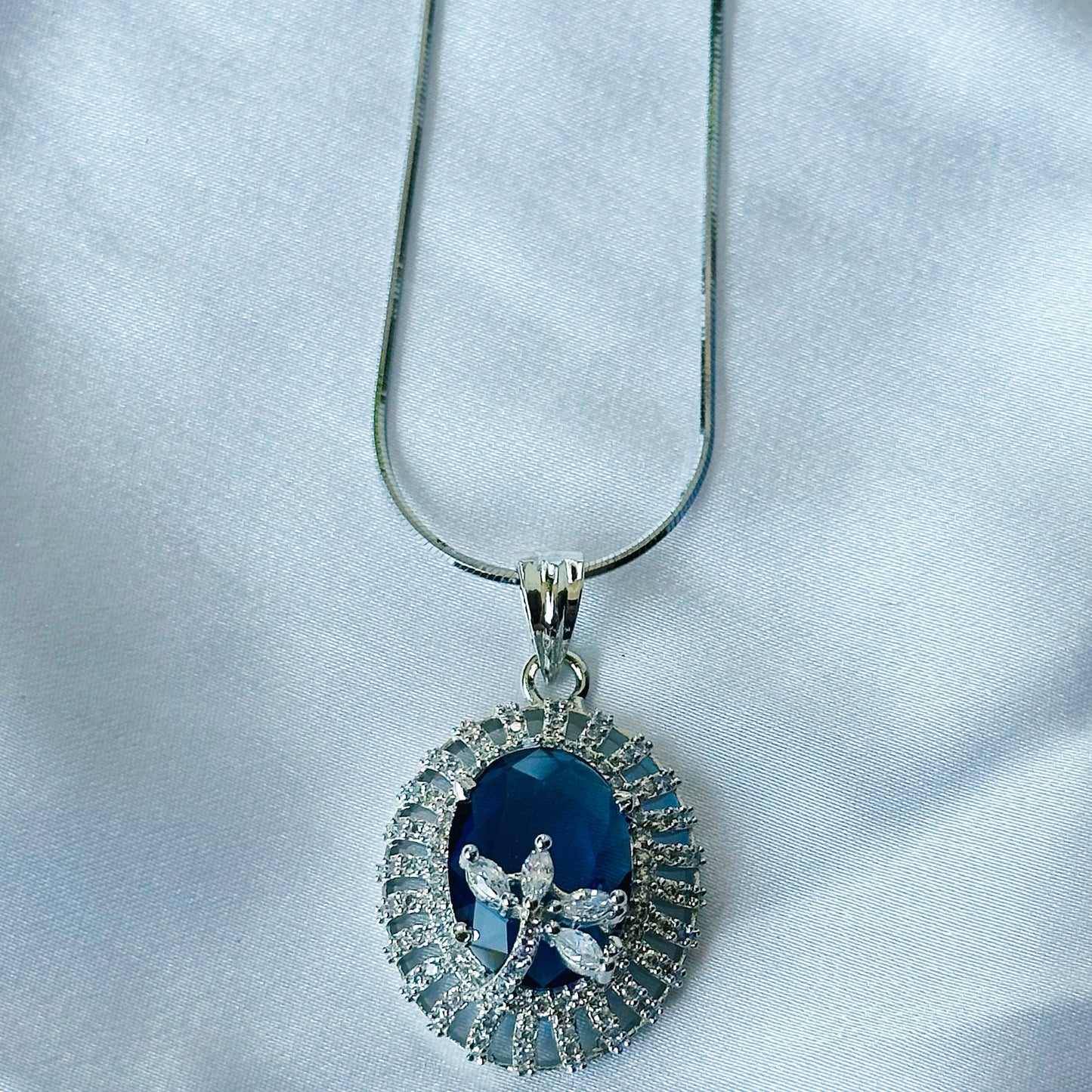 Blue Sapphire Cubic Zircon American Diamond Silver Plated Pendant Set