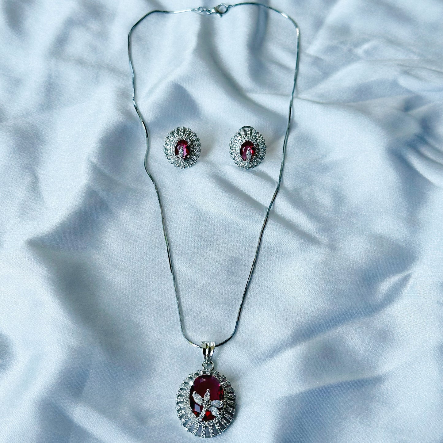 Red Ruby Cubic Zircon American Diamond Silver Plated Pendant Set