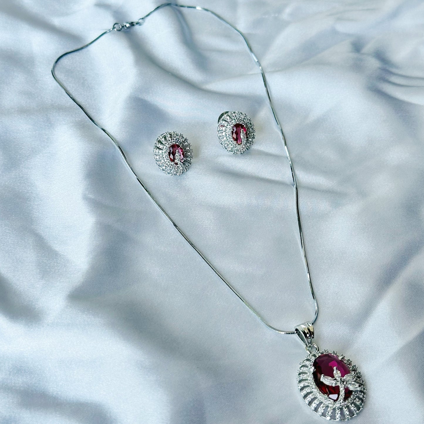 Red Ruby Cubic Zircon American Diamond Silver Plated Pendant Set
