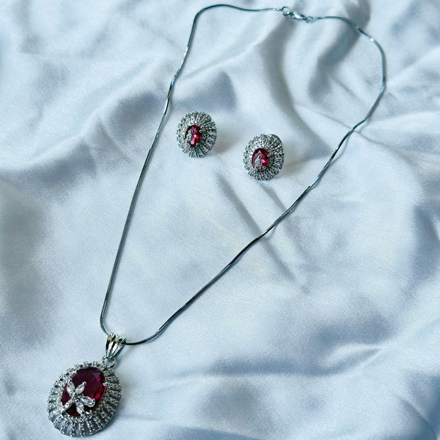 Red Ruby Cubic Zircon American Diamond Silver Plated Pendant Set