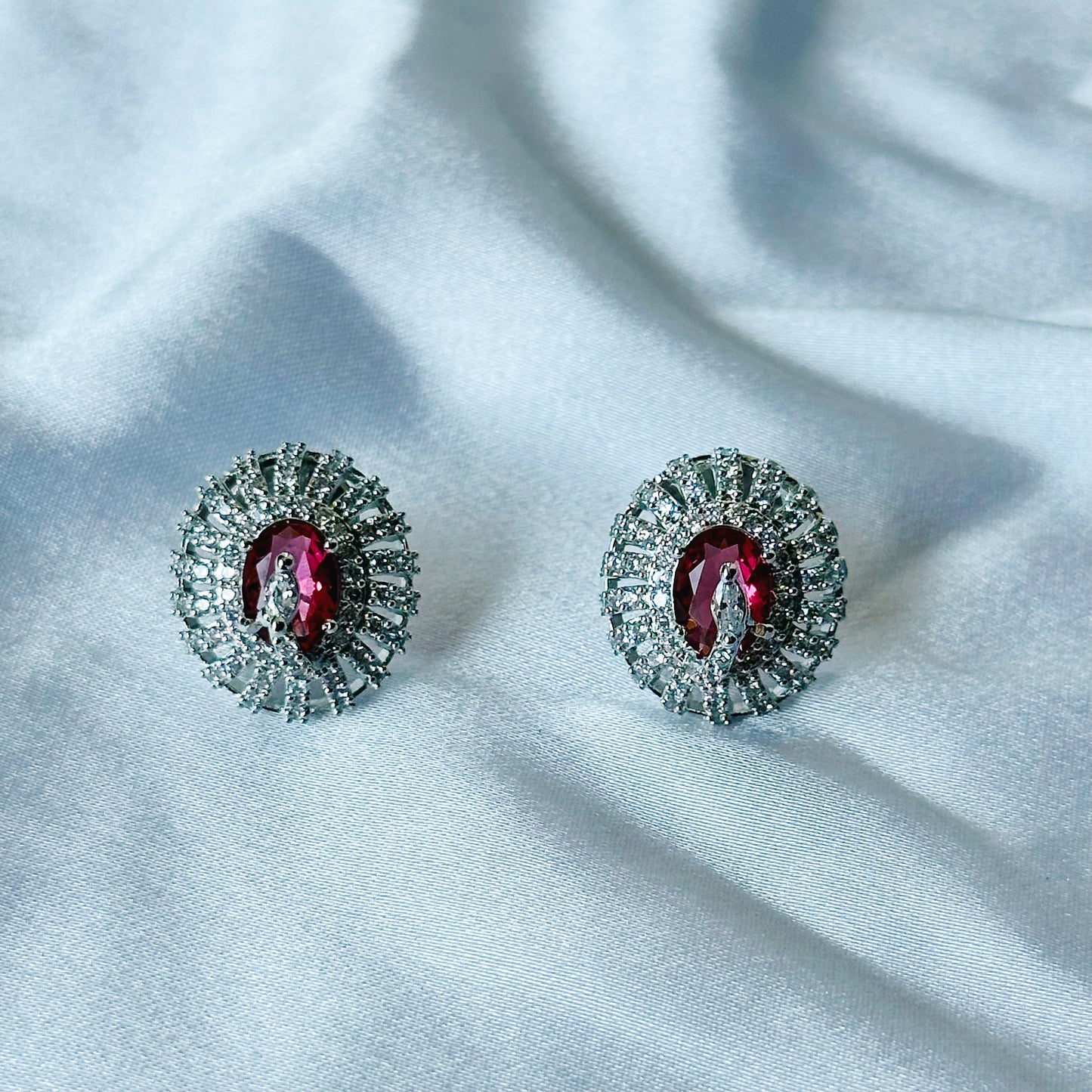 Red Ruby Cubic Zircon American Diamond Silver Plated Pendant Set