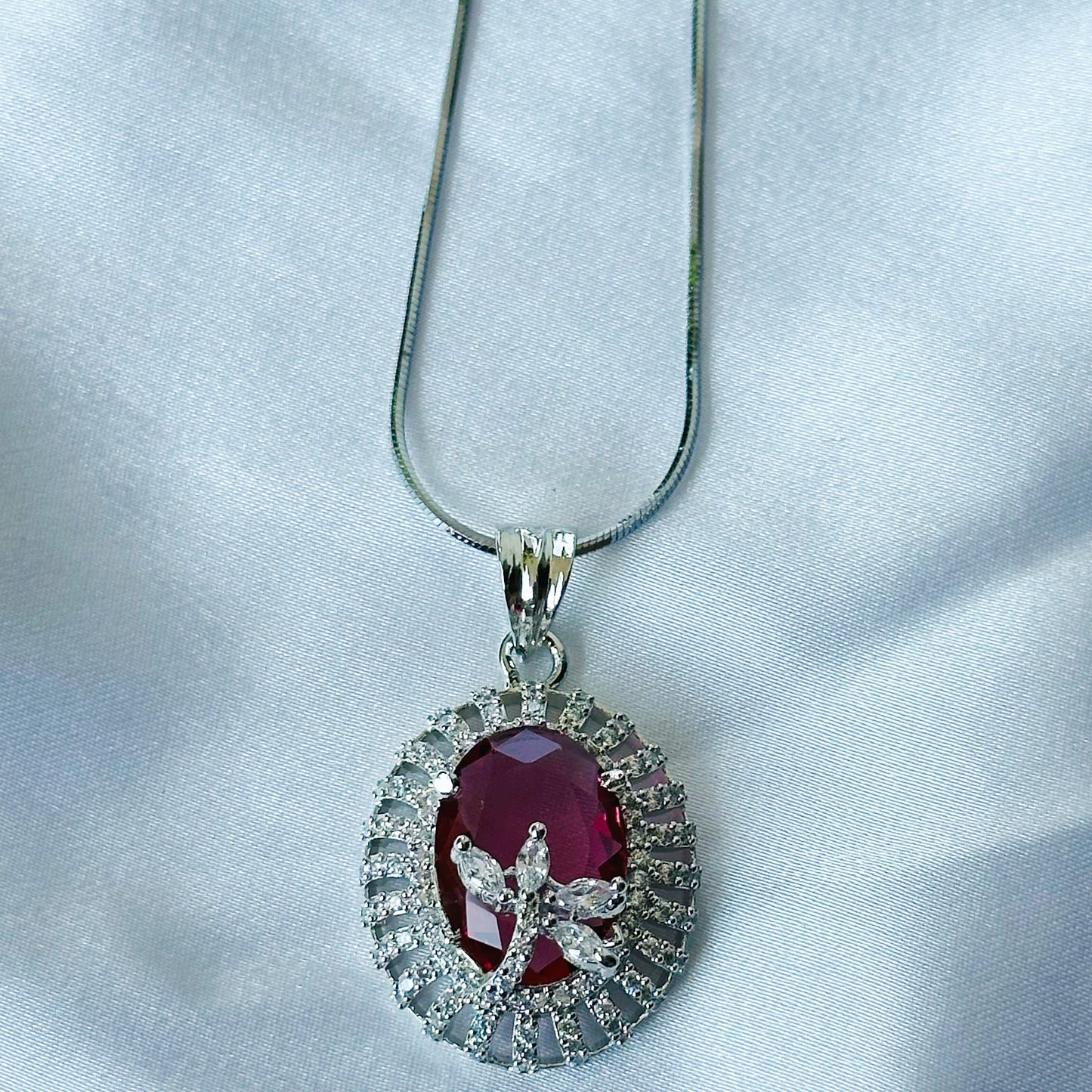 Red Ruby Cubic Zircon American Diamond Silver Plated Pendant Set
