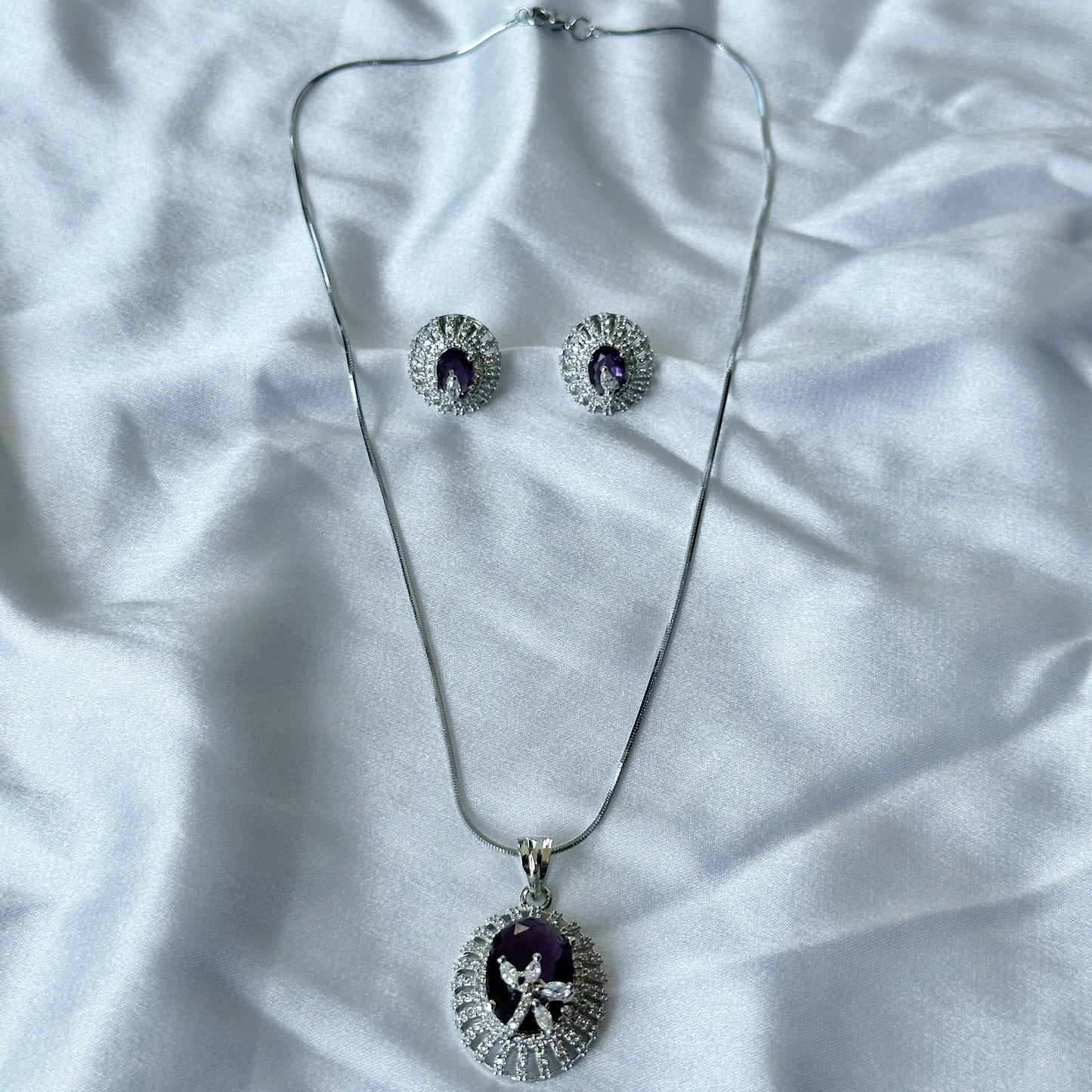 Deep Purple Amethyst Cubic Zircon American Diamond Silver Plated Pendant Set