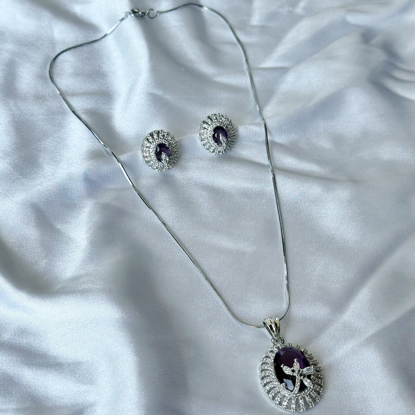 Deep Purple Amethyst Cubic Zircon American Diamond Silver Plated Pendant Set