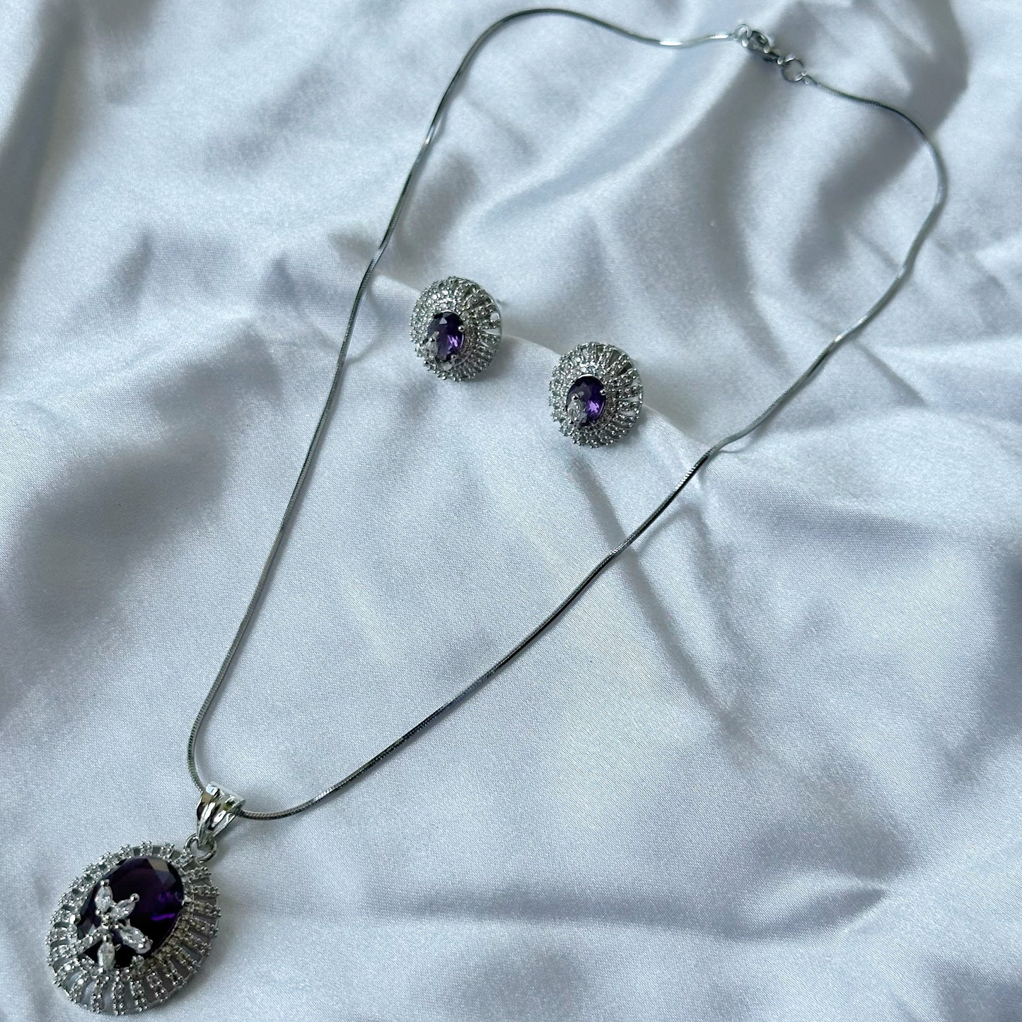 Deep Purple Amethyst Cubic Zircon American Diamond Silver Plated Pendant Set