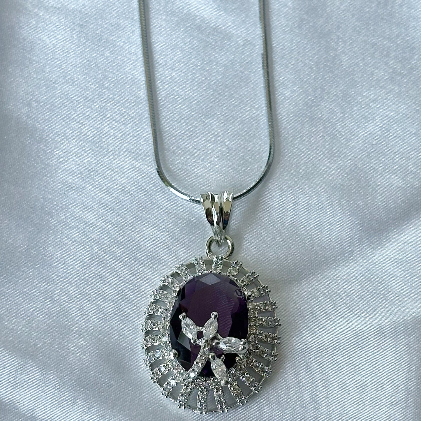 Deep Purple Amethyst Cubic Zircon American Diamond Silver Plated Pendant Set