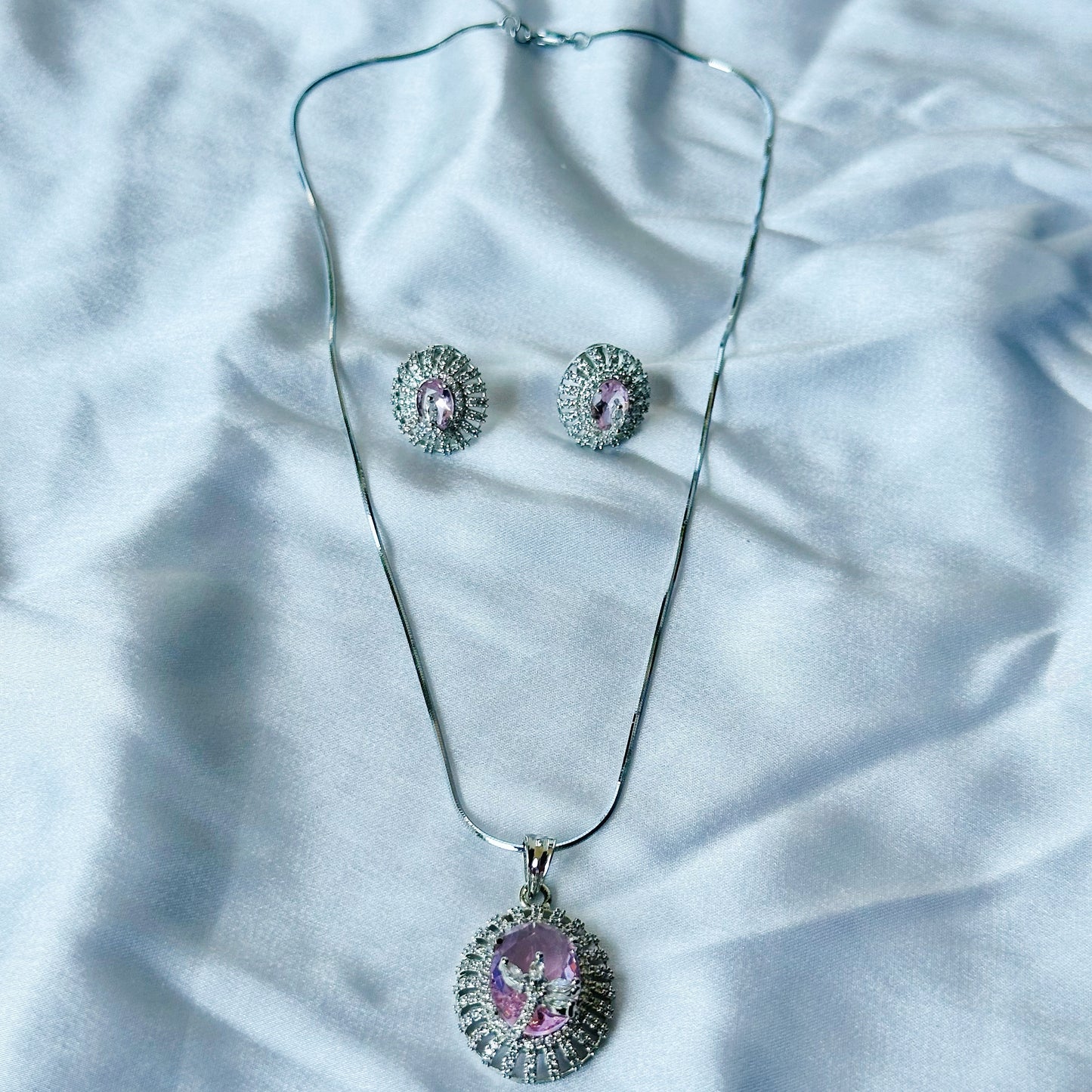 Pink Topaz Cubic Zircon American Diamond Silver Plated Pendant Set