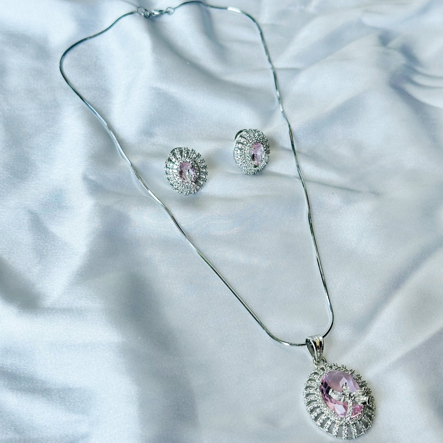 Pink Topaz Cubic Zircon American Diamond Silver Plated Pendant Set