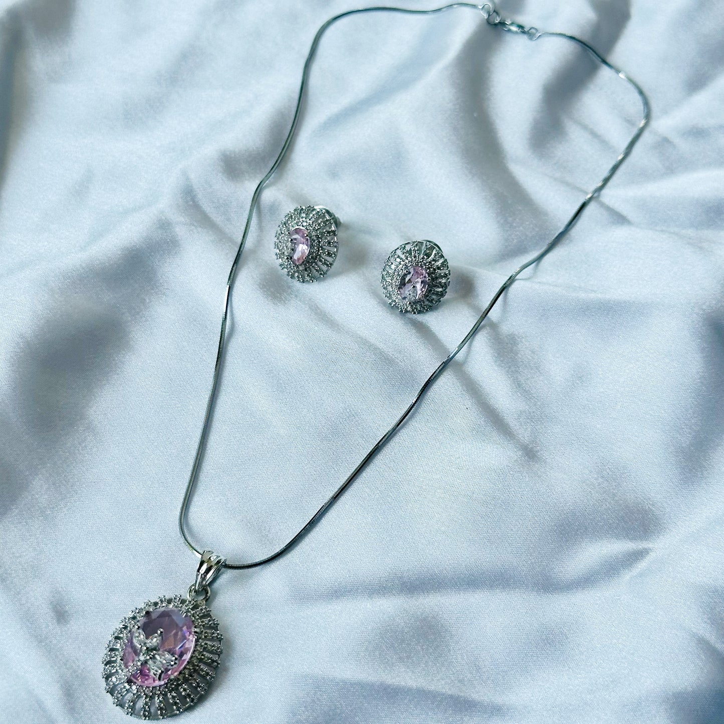 Pink Topaz Cubic Zircon American Diamond Silver Plated Pendant Set