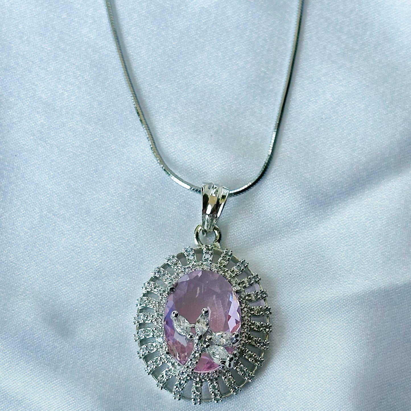 Pink Topaz Cubic Zircon American Diamond Silver Plated Pendant Set