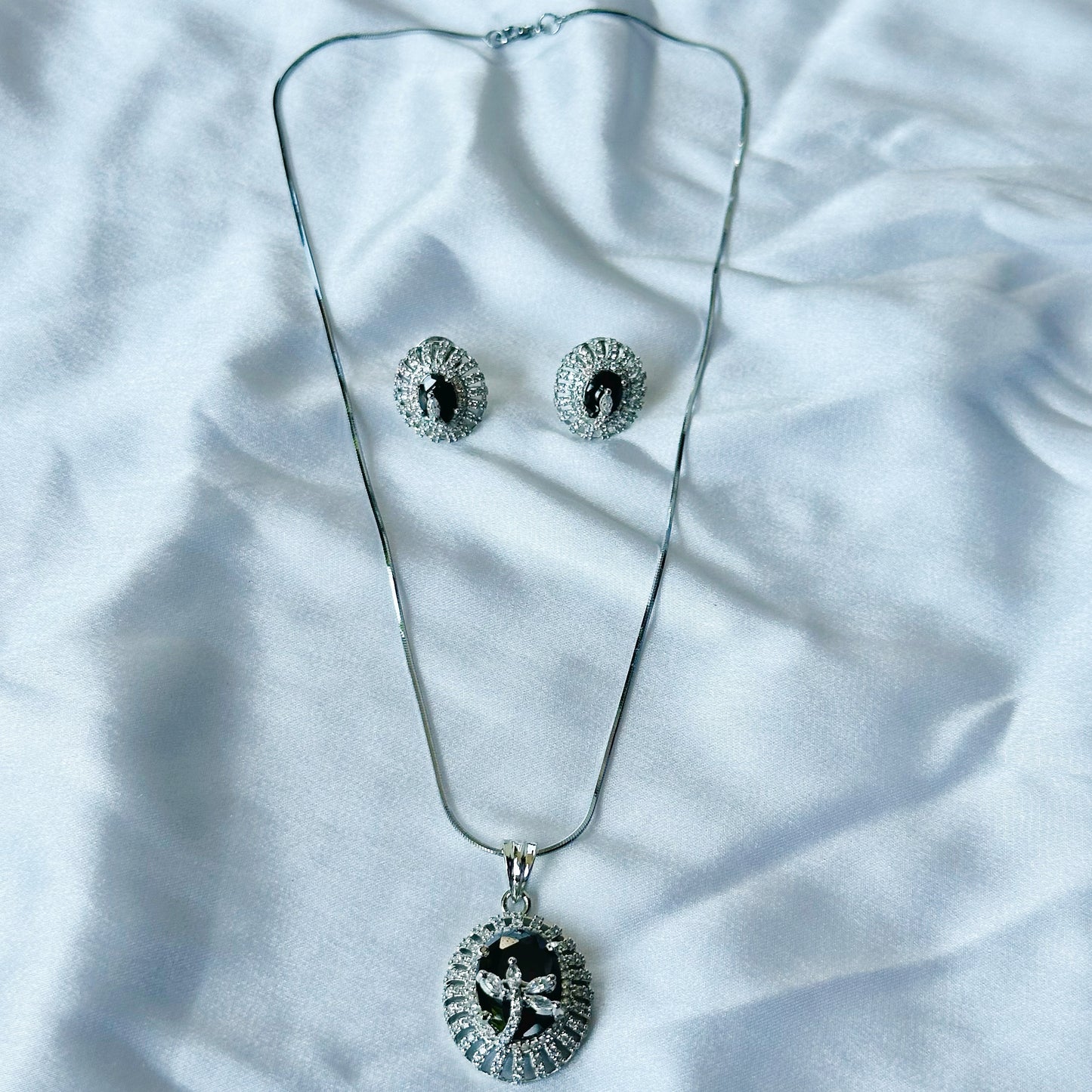 Black Zircon American Diamond Silver Plated Pendant Set