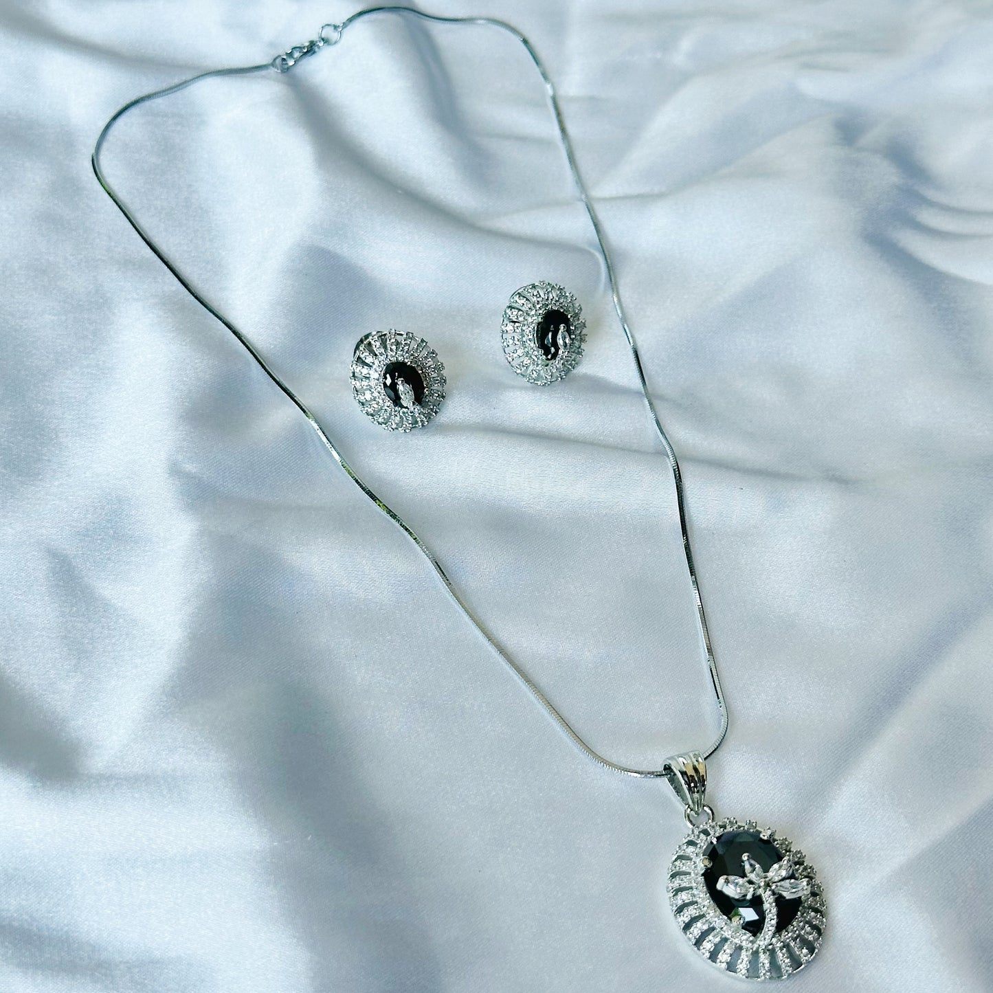 Black Zircon American Diamond Silver Plated Pendant Set