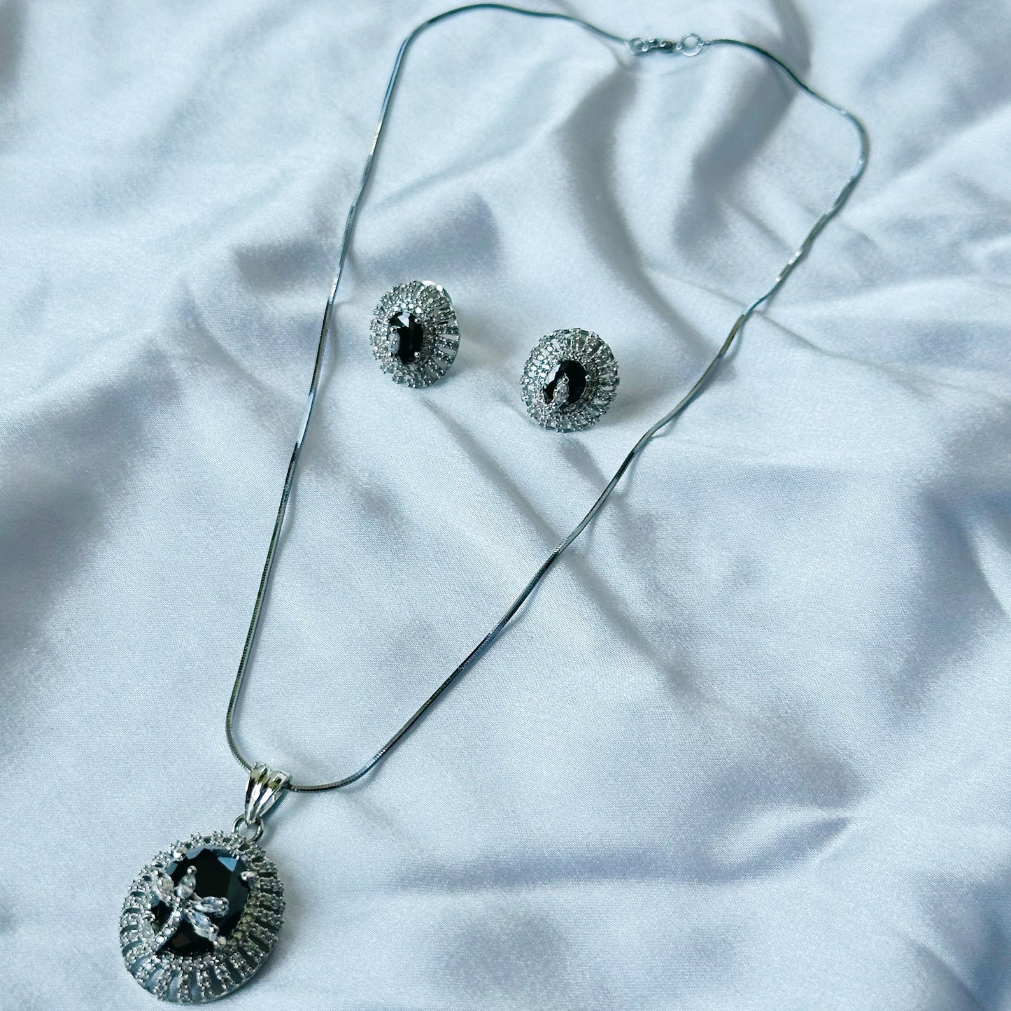 Black Zircon American Diamond Silver Plated Pendant Set