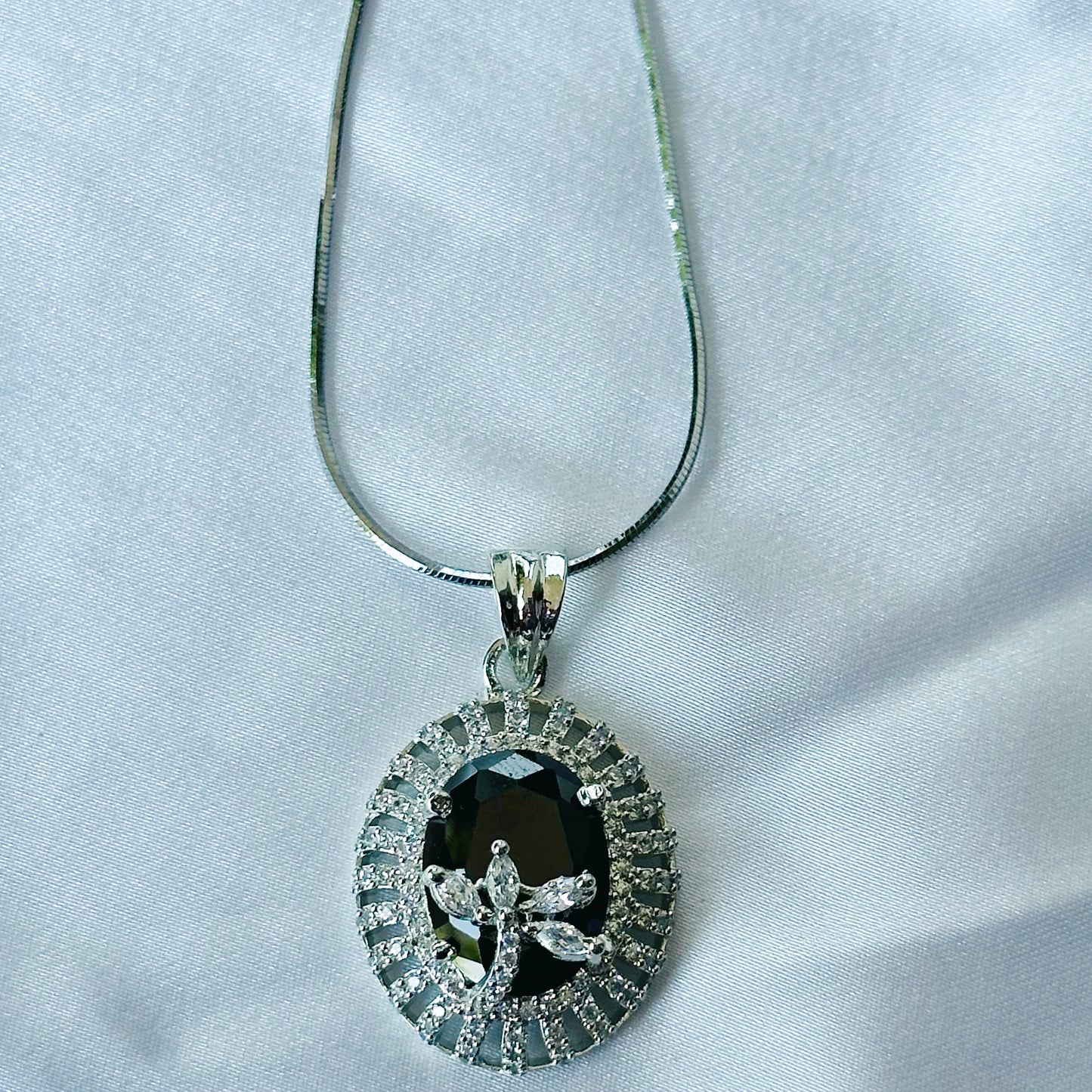 Black Cubic Zirconia American Diamond Silver Plated Pendant Set