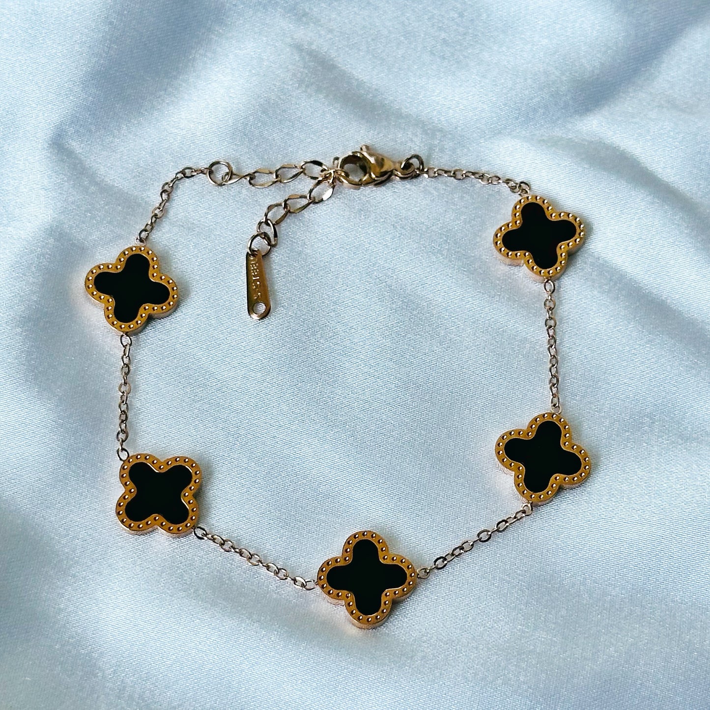 Black Floral Design Rose Gold Plated Adjustable Stainless Steel Chain Bracelet