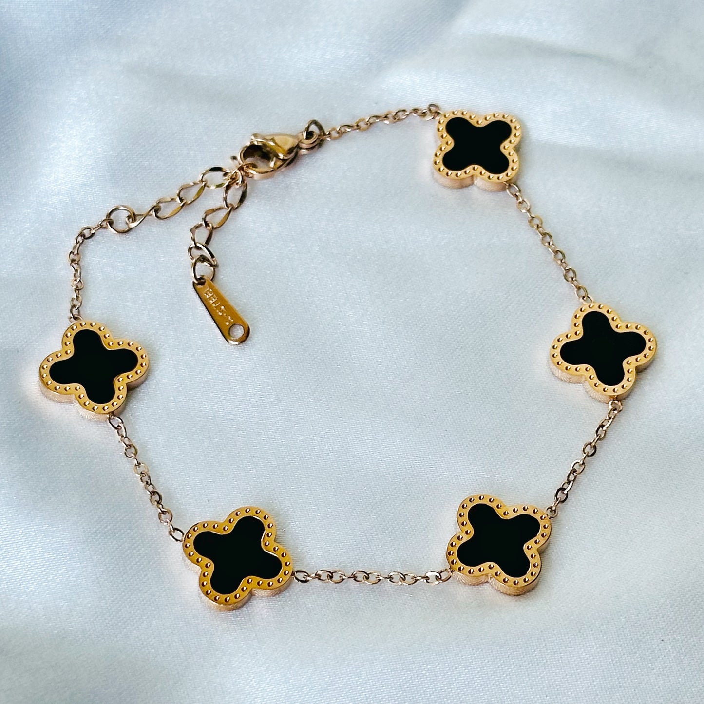 Black Floral Design Rose Gold Plated Adjustable Stainless Steel Chain Bracelet