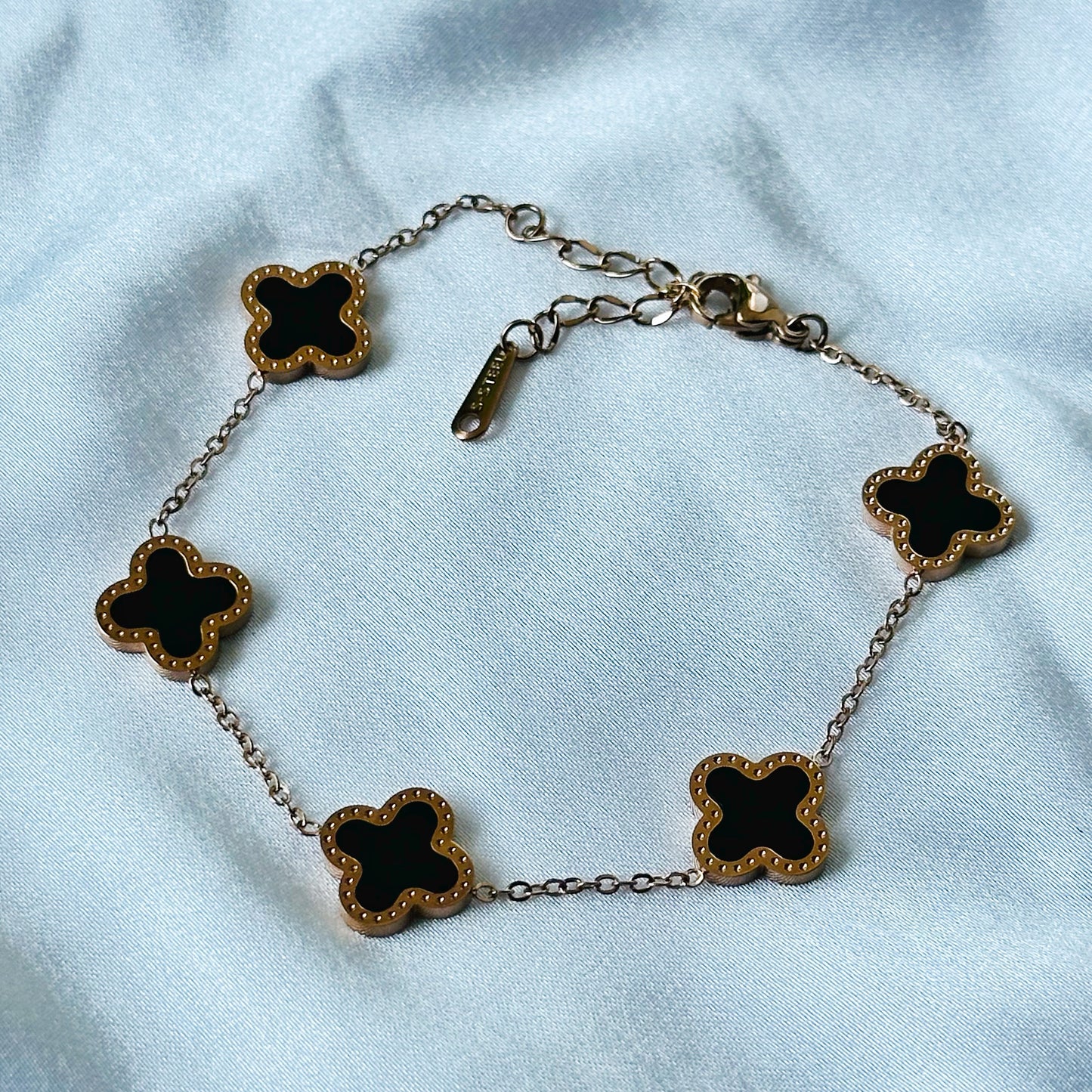Black Floral Design Rose Gold Plated Adjustable Stainless Steel Chain Bracelet