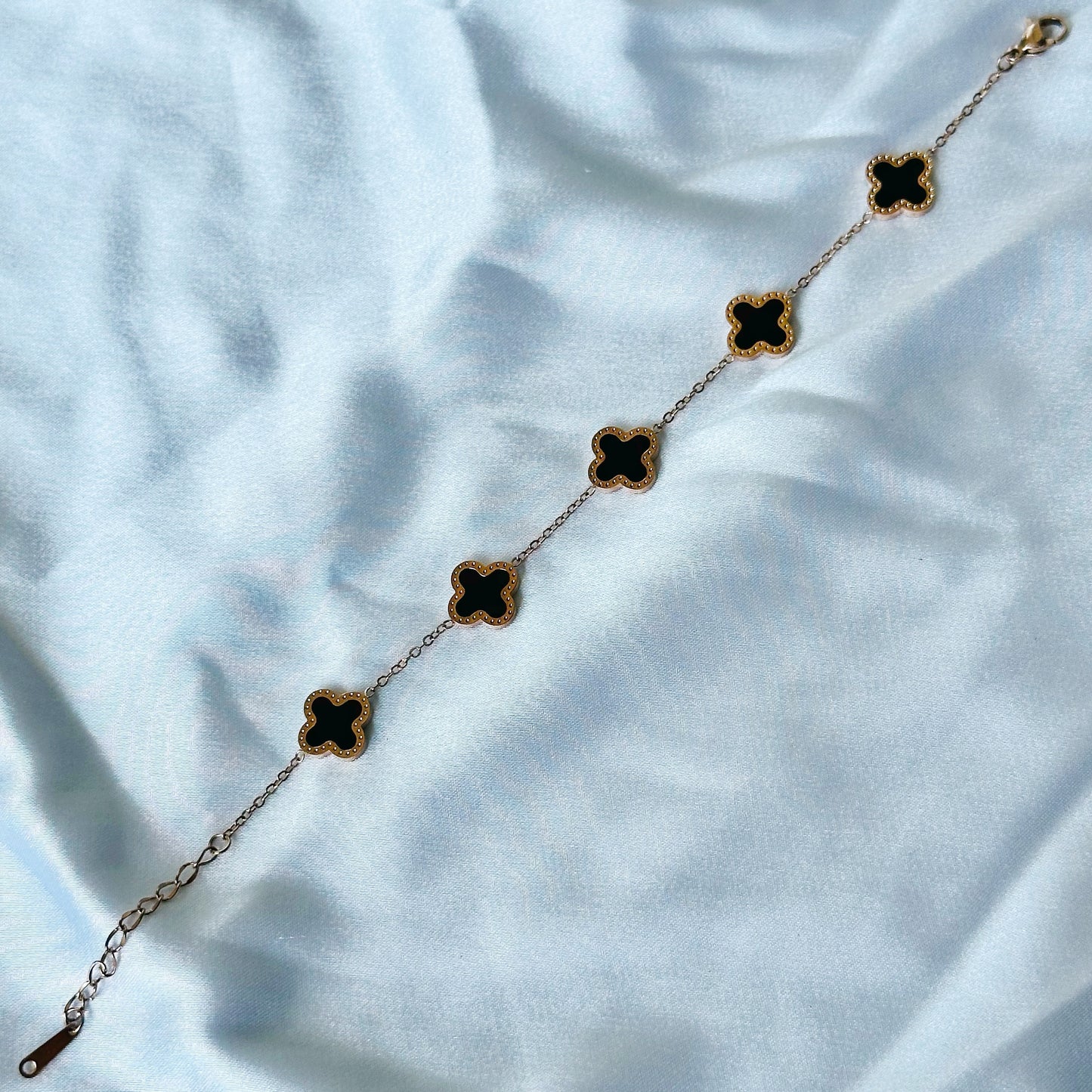 Black Floral Design Rose Gold Plated Adjustable Stainless Steel Chain Bracelet