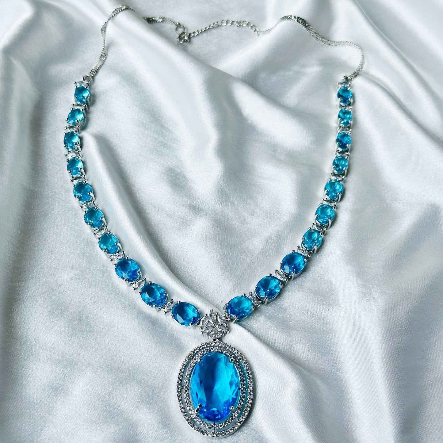 Aqua Blue Sapphire Cubic Zircon Stone American Diamond Silver Plated Necklace Set