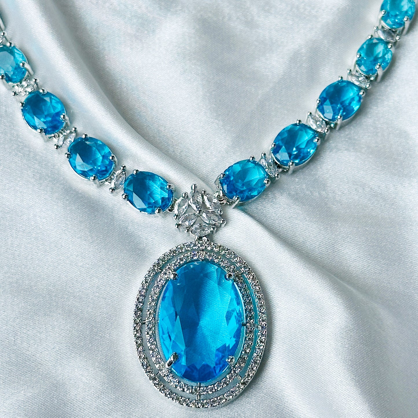 Aqua Blue Sapphire Cubic Zircon Stone American Diamond Silver Plated Necklace Set