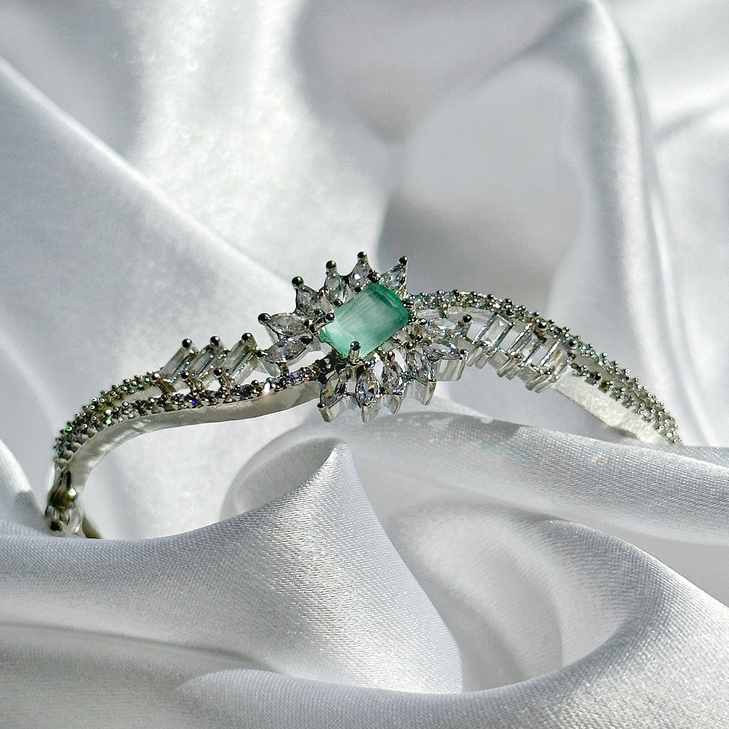 Sea Green Topaz Cubic Zircon Stone American Diamond Silver Plated Bangle Bracelet