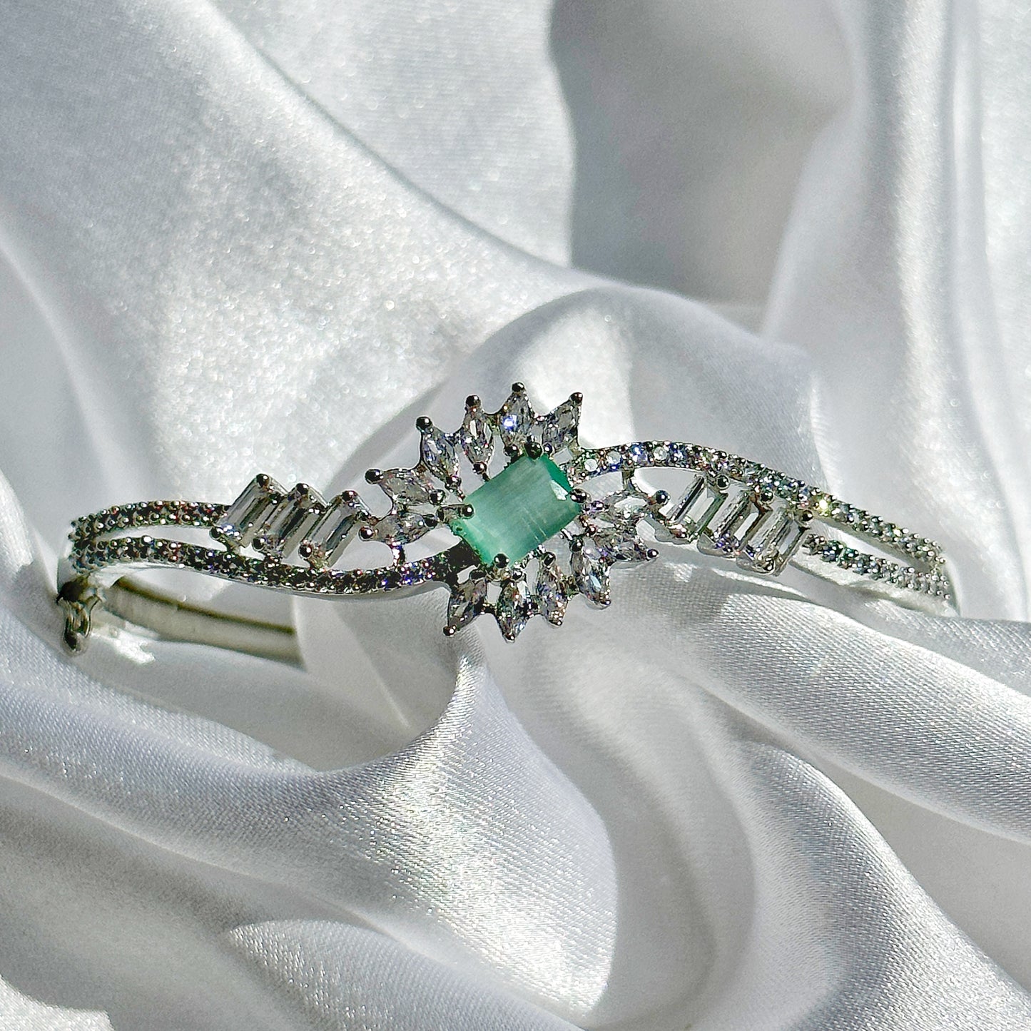 Sea Green Topaz Cubic Zircon Stone American Diamond Silver Plated Bangle Bracelet