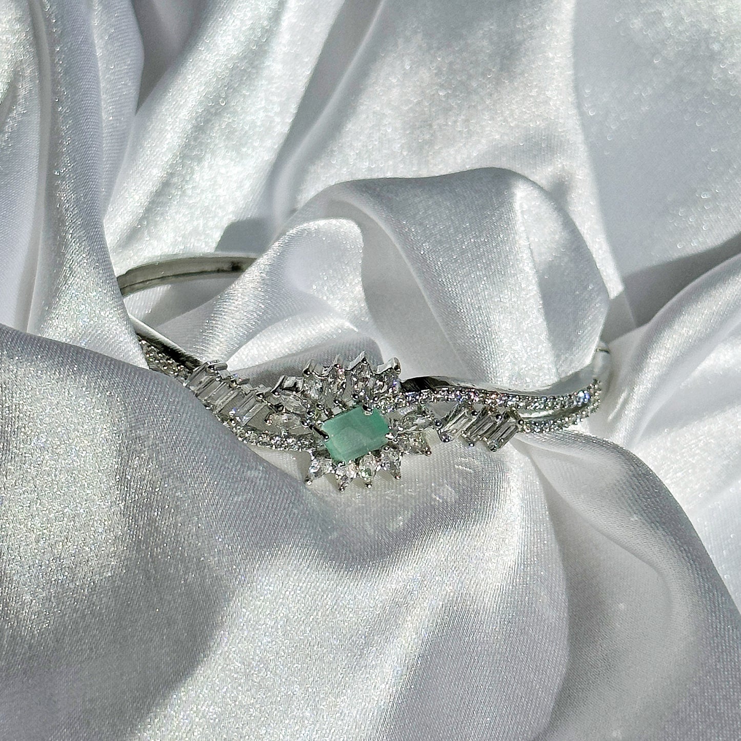 Sea Green Topaz Cubic Zircon Stone American Diamond Silver Plated Bangle Bracelet