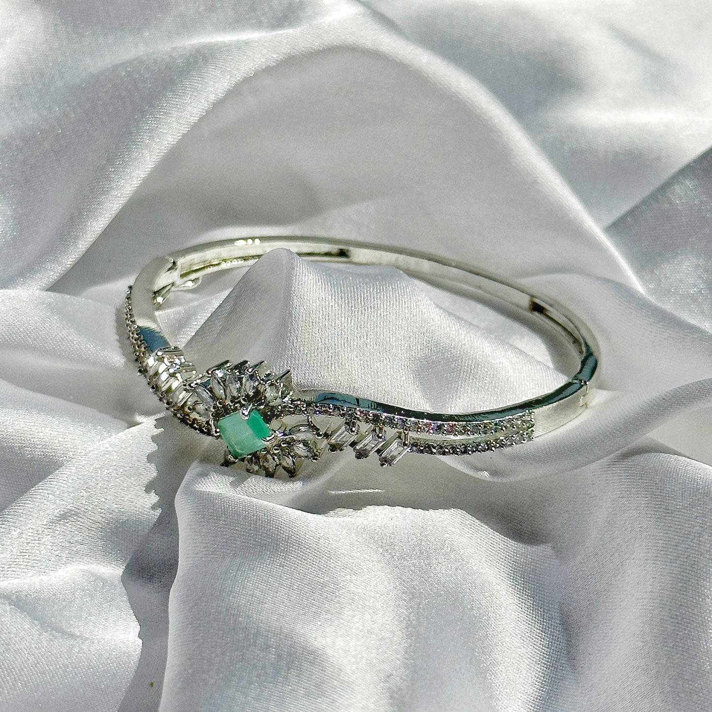 Sea Green Topaz Cubic Zircon Stone American Diamond Silver Plated Bangle Bracelet