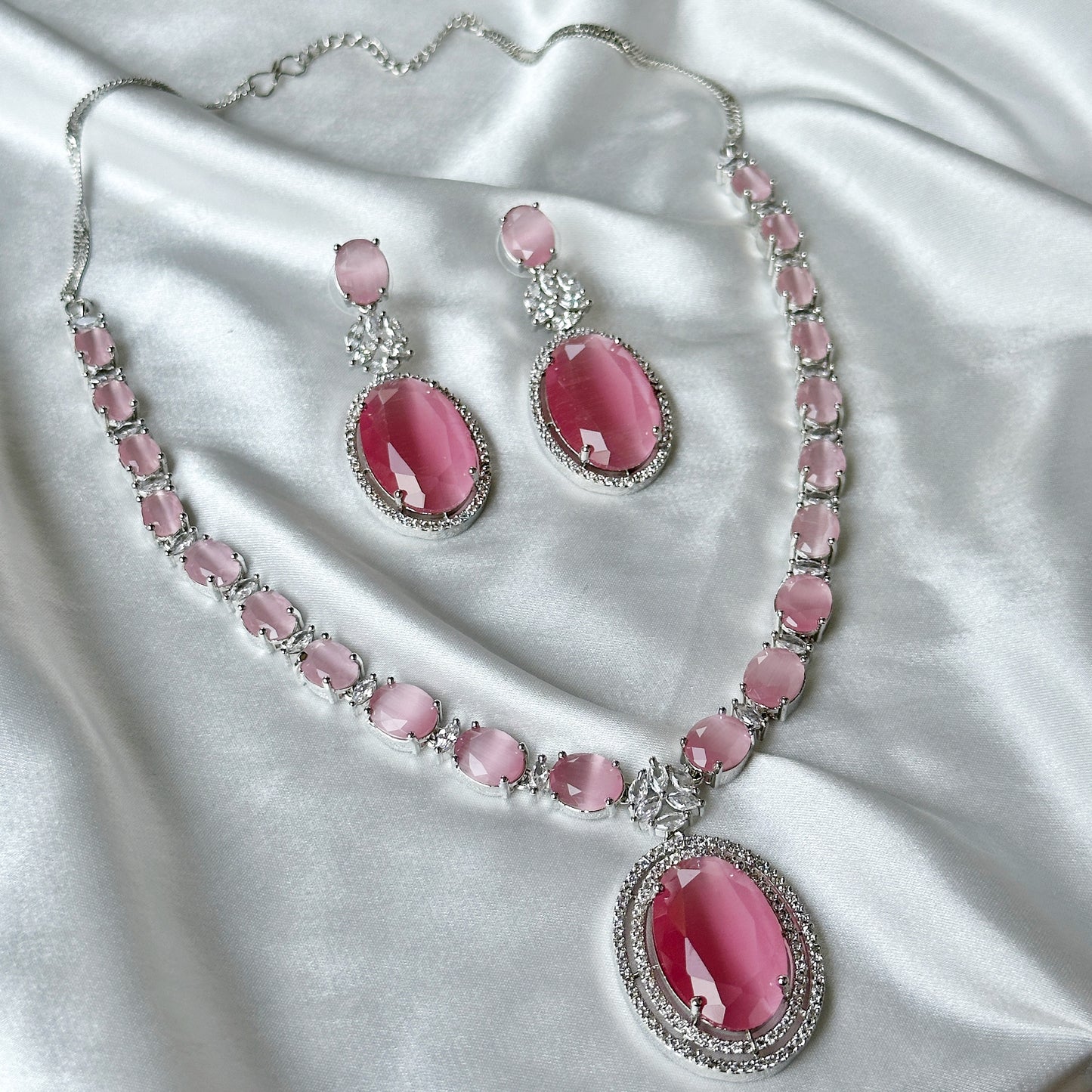 Pink Topaz Zircon Stone American Diamond Silver Plated Necklace Set