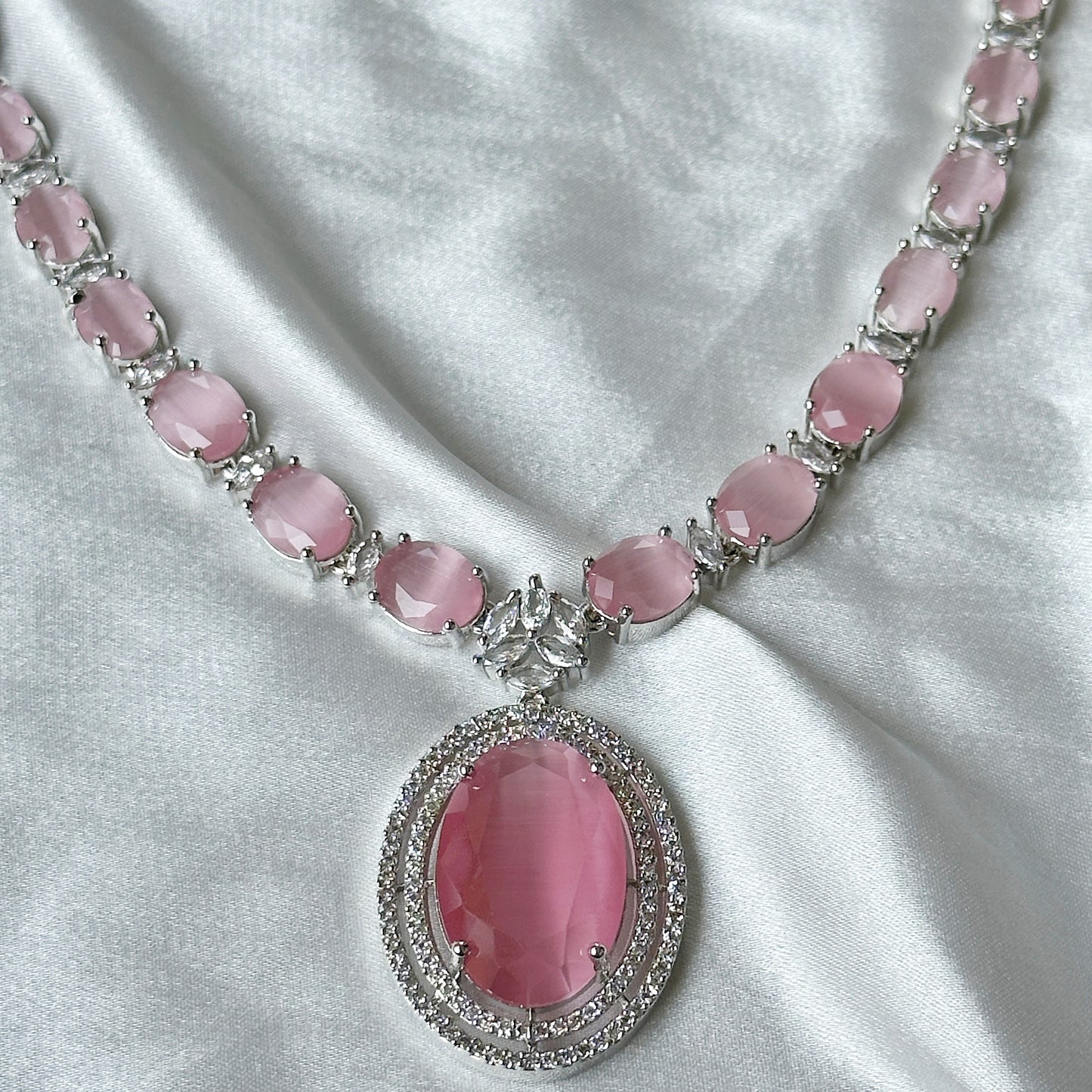 Pink Topaz Zircon Stone American Diamond Silver Plated Necklace Set