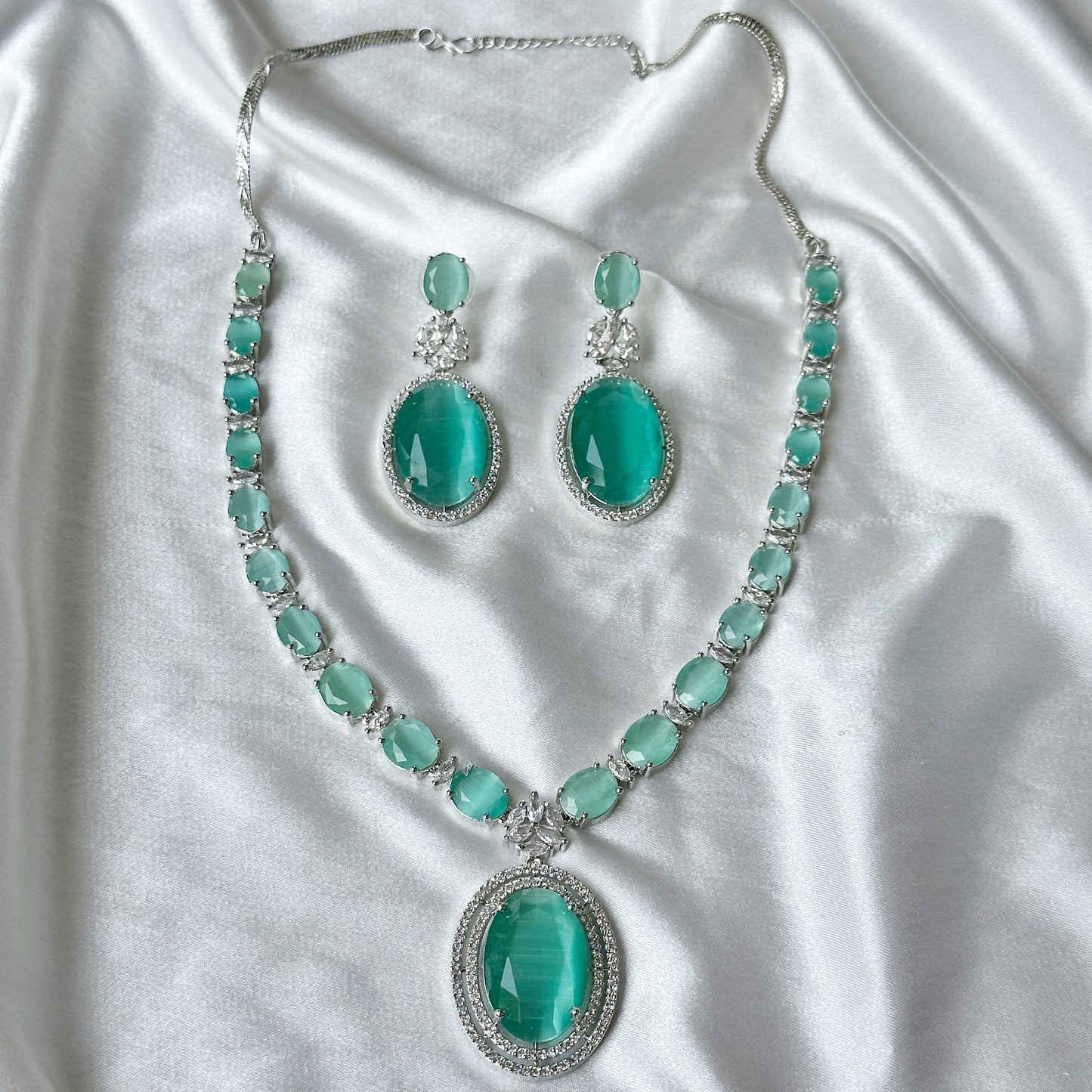 Mint Green Zircon Stone American Diamond Silver Plated Necklace Set